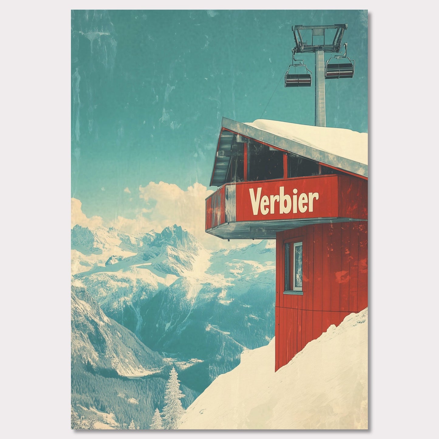 This vintage-inspired poster showcases a modern gondola station perched high above Verbier’s slopes. The gondola’s red cabin stands out against the pristine white snow, with majestic alpine peaks framing the view. The soft blue sky, accented by the vintage design, gives a timeless quality to the image. The simplicity and elegance of the gondola station invite viewers to imagine their own journey up the mountain, surrounded by the beauty of the Swiss Alps.