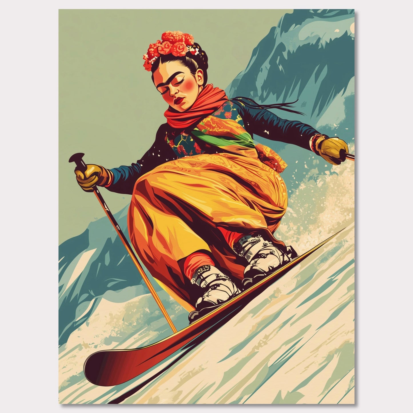 This captivating and artistic poster features Frida Kahlo skiing down a snow-covered slope, embracing both the thrill of winter sports and the vibrancy of her unique style. With a floral crown and colorful attire, Frida brings her creativity and strength to the slopes of the mountains, capturing the harmony between winter adventure and artistic expression. The retro color scheme adds to the vintage charm of the poster, making it a lively and powerful statement piece.