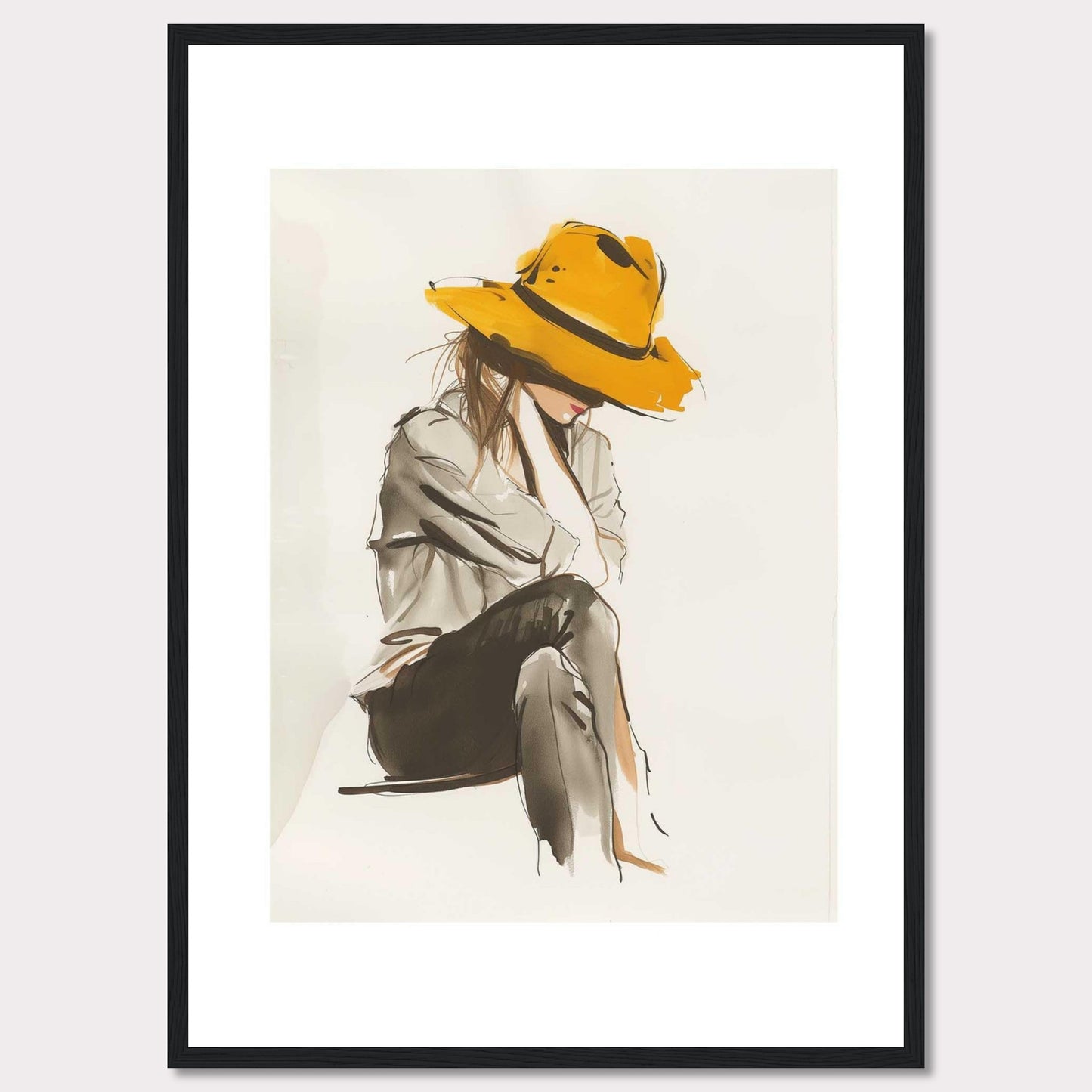 This artwork features a stylish illustration of a person wearing a large, vibrant yellow hat. The figure is seated, with their head slightly bowed, creating a sense of introspection and calm. The use of muted tones for the clothing contrasts beautifully with the boldness of the hat, making it the focal point of the piece. The minimalist background allows the viewer to fully appreciate the elegance and simplicity of the design.