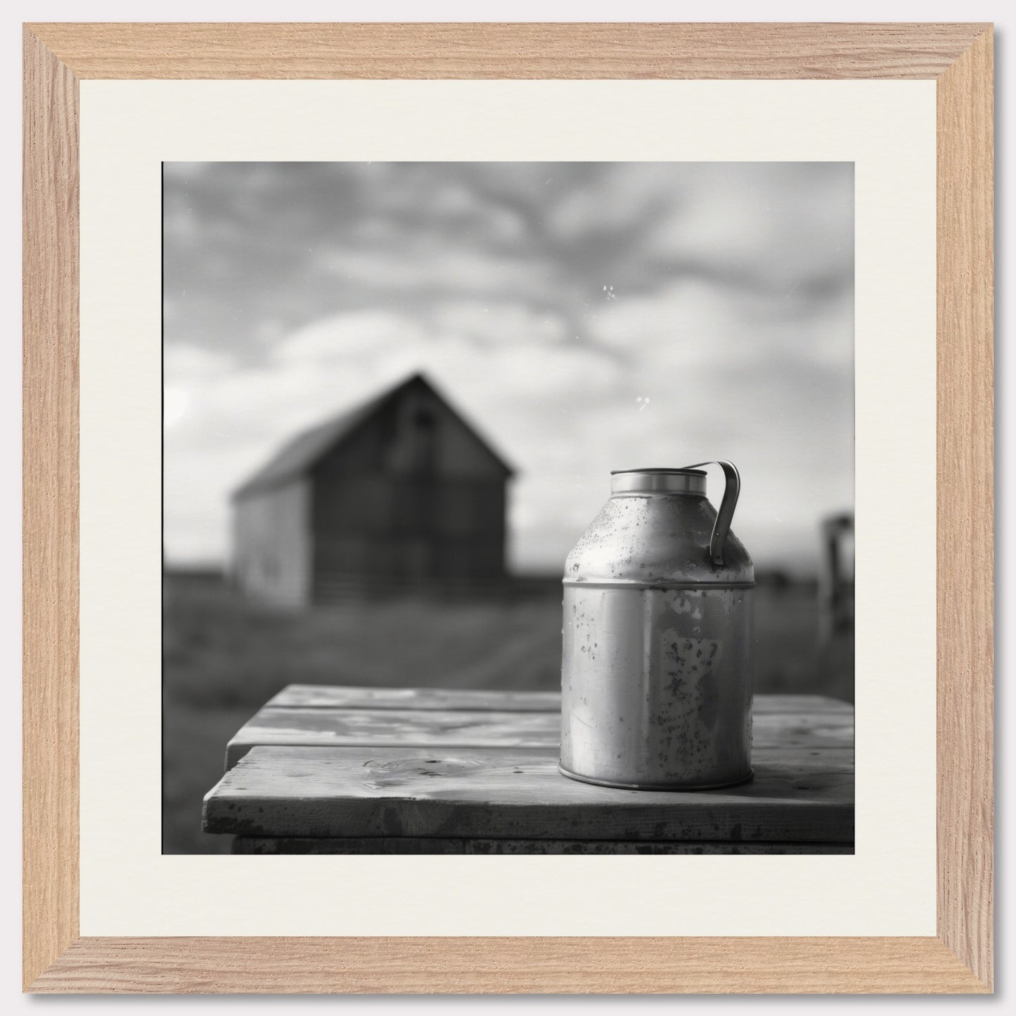 This is a black and white illustration showing a rustic scene. The focus is on an old metal milk can placed on a wooden table, with a blurred barn in the background under a cloudy sky.