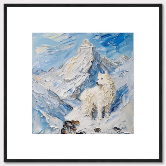 This painting depicts a majestic white dog standing proudly amidst a snowy mountain landscape. The thick, textured brushstrokes create a sense of movement and coldness in the scene.