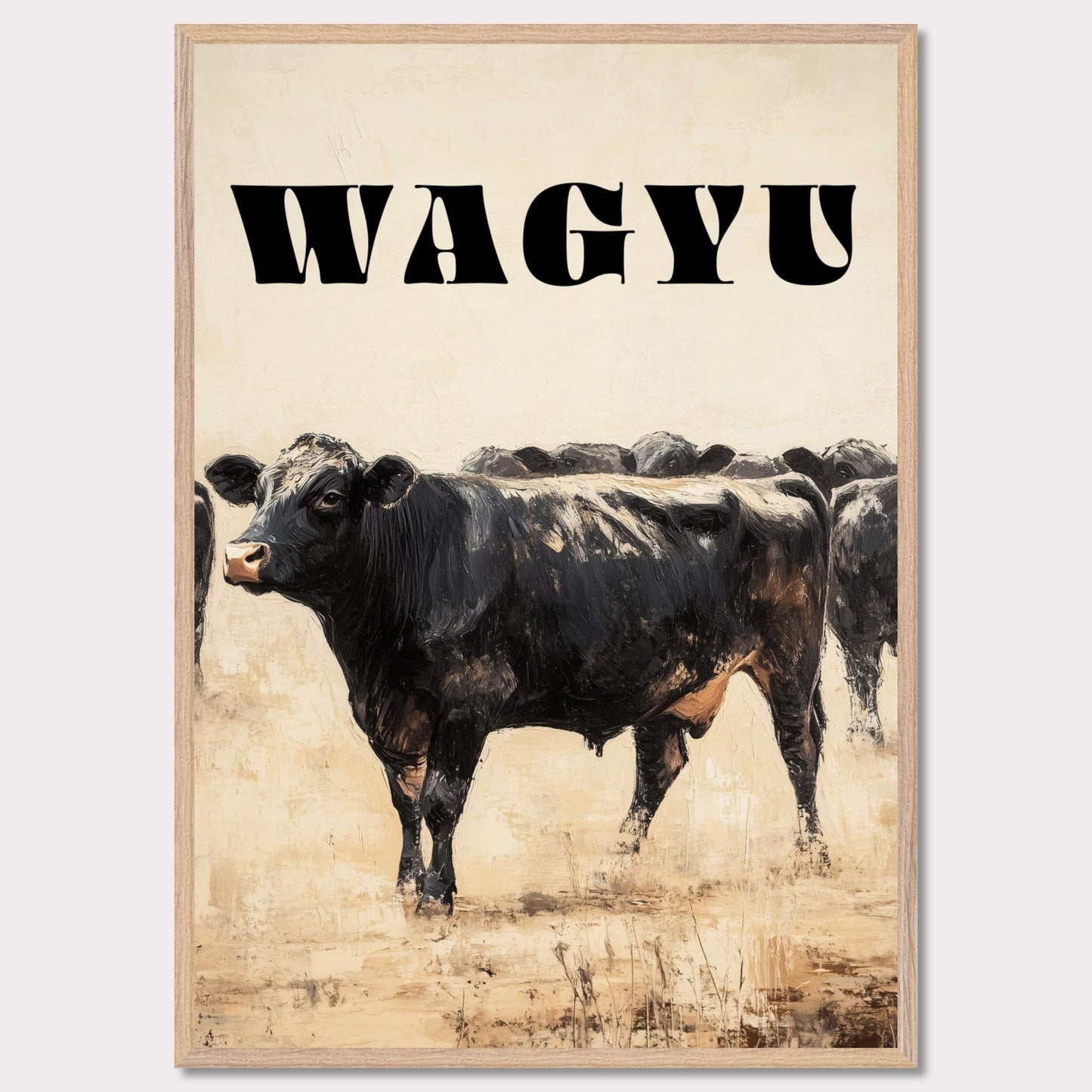 This image features a striking illustration of a Wagyu cow standing prominently in the foreground. The word "WAGYU" is boldly displayed at the top in large, black letters. The background shows more cows, adding depth to the scene.