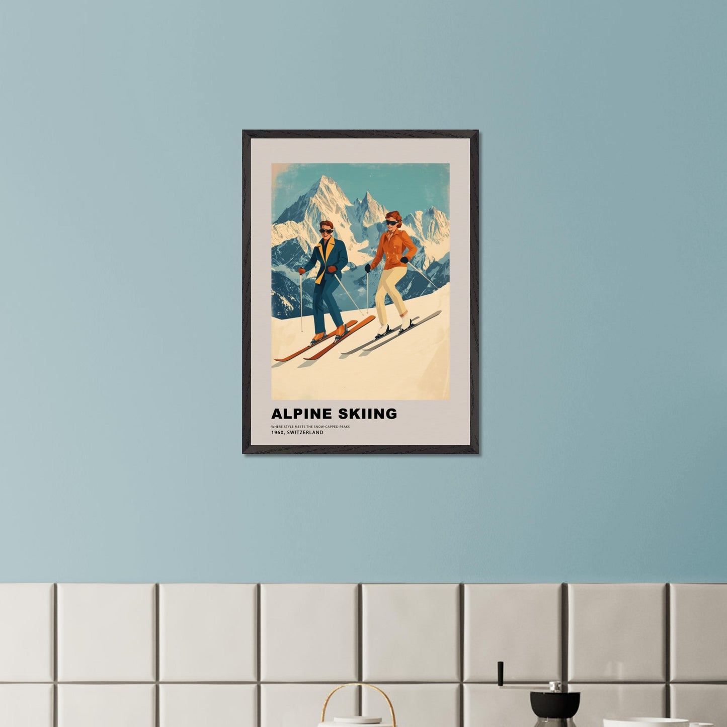 This stunning retro-style poster celebrates the elegance of alpine skiing in Switzerland. Two stylish skiers gracefully glide down the snowy slopes, set against the backdrop of majestic, sunlit peaks. The vintage color palette and mid-century design highlight the timeless charm and sophistication of the alpine experience, making it a celebration of both sport and scenery.