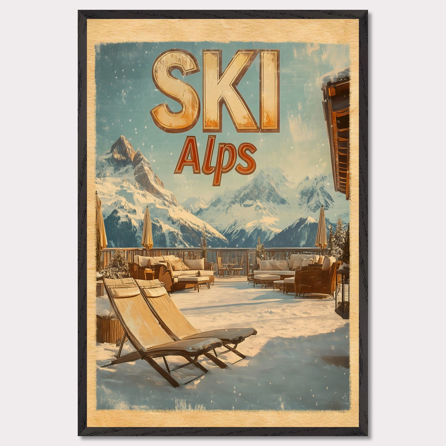 This captivating poster presents a luxurious alpine terrace overlooking majestic snowy peaks. The cozy lounge chairs, wooden railings, and soft golden light create an inviting winter escape. The serene atmosphere and breathtaking views evoke a sense of tranquility and connection to nature.