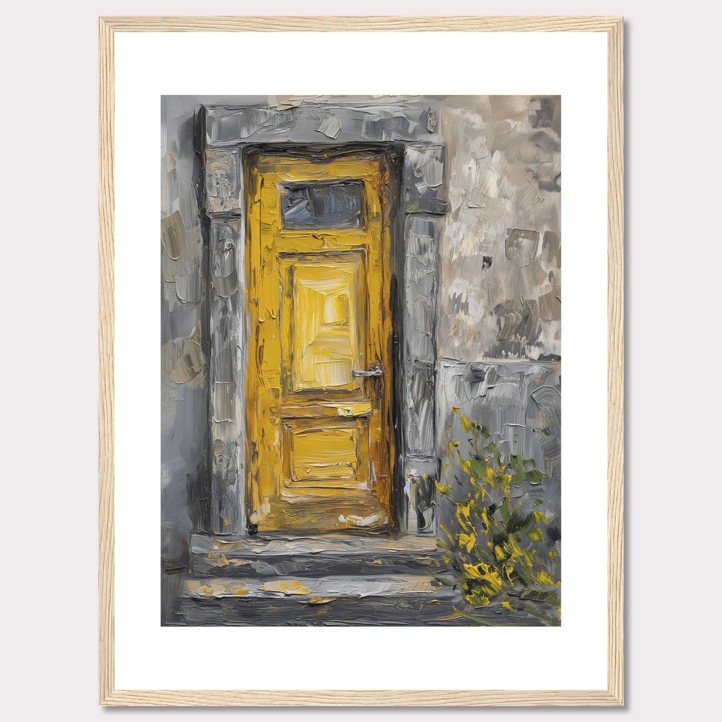 This image showcases a beautiful painting of a vibrant yellow door set within a textured, weathered stone wall. The artwork captures the rustic charm and character of an old building, with hints of greenery peeking through at the bottom right corner.