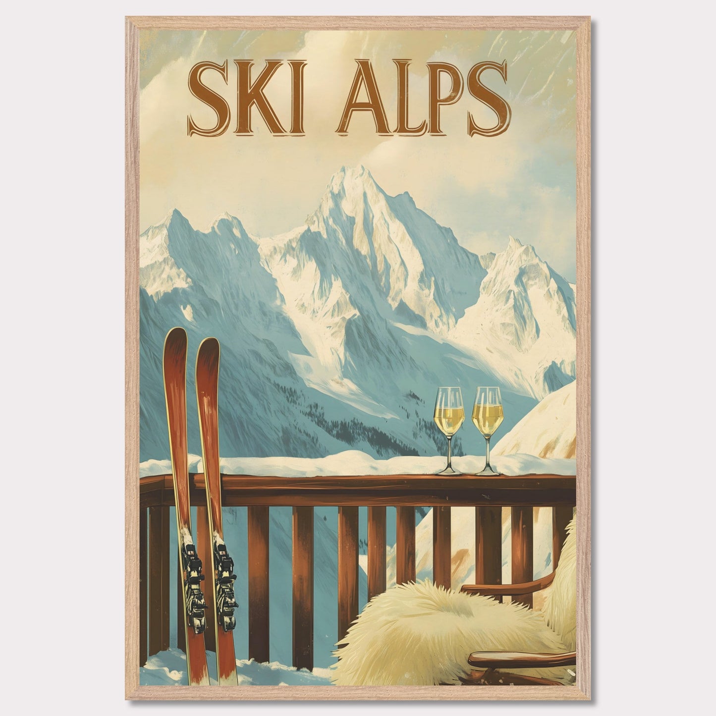 This soothing poster transports you to a tranquil alpine terrace with a breathtaking view of snow-covered peaks. A wooden chair draped in soft fur and paired with two glasses of sparkling wine sets the tone for a peaceful and intimate winter retreat.