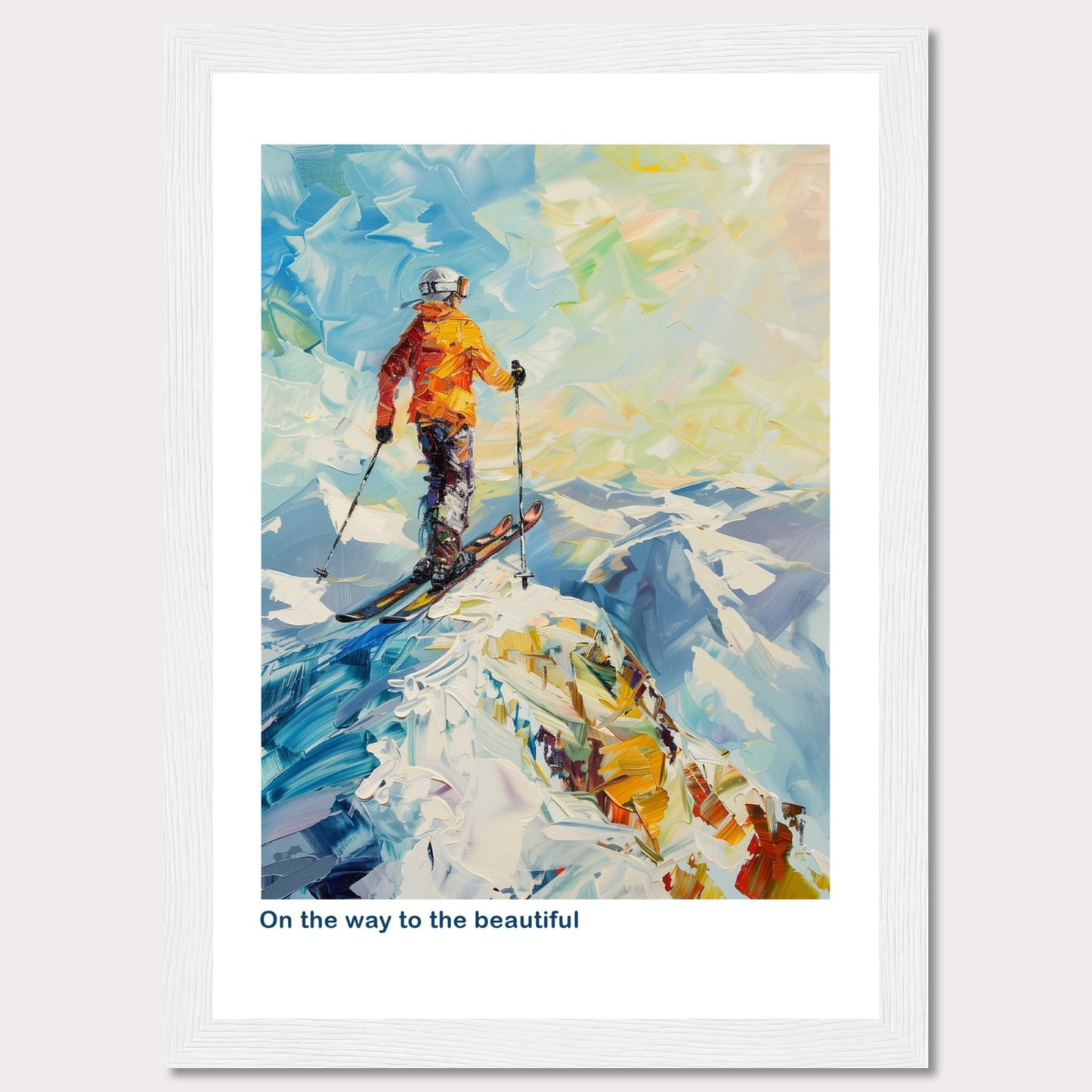 This vibrant painting captures a skier standing at the peak of a snowy mountain, ready to descend. The skier is dressed in an orange jacket and helmet, holding ski poles. The background features a stunning array of colors depicting the sky and distant mountains.