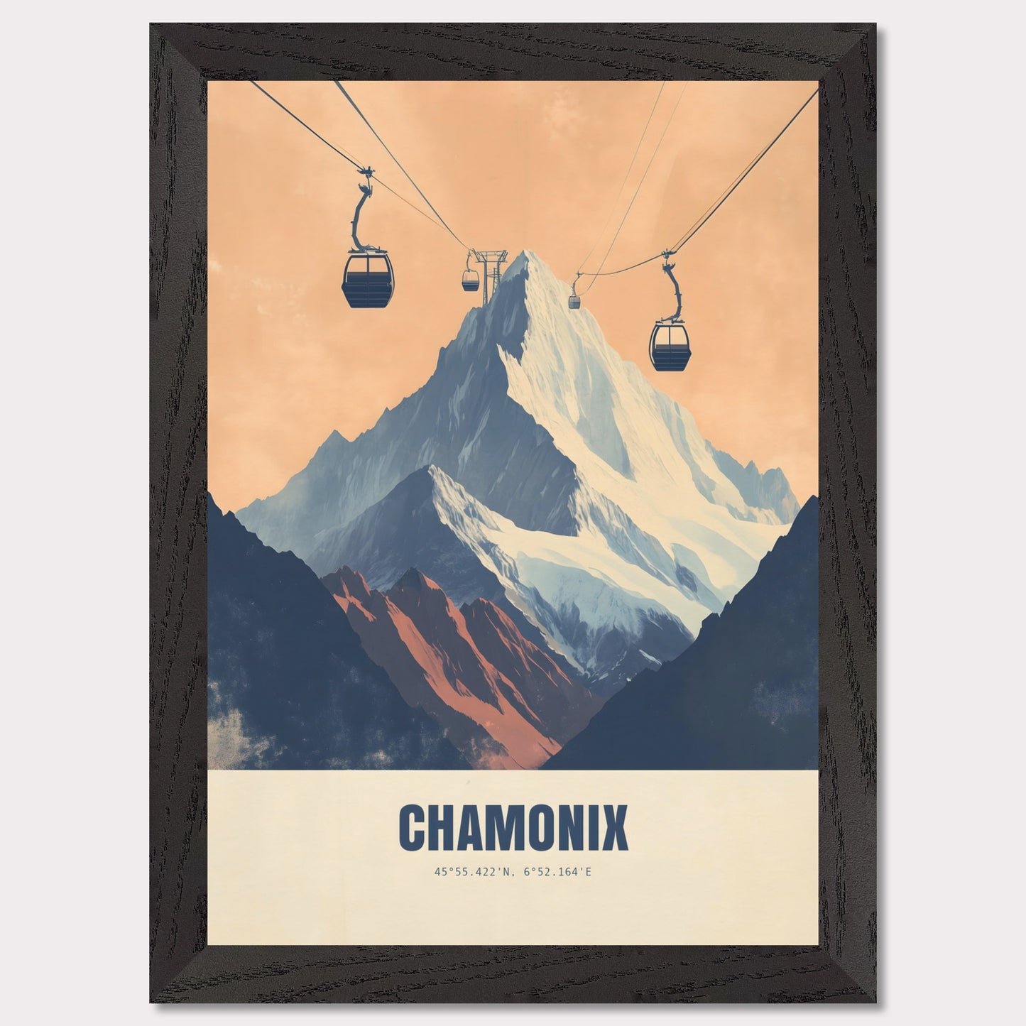 This striking poster showcases the dramatic ascent to Chamonix’s peaks, with cable cars stretching across the sky towards the snow-covered mountains. The bold contrasts between deep shadows and glowing light create an atmosphere of adventure and grandeur.