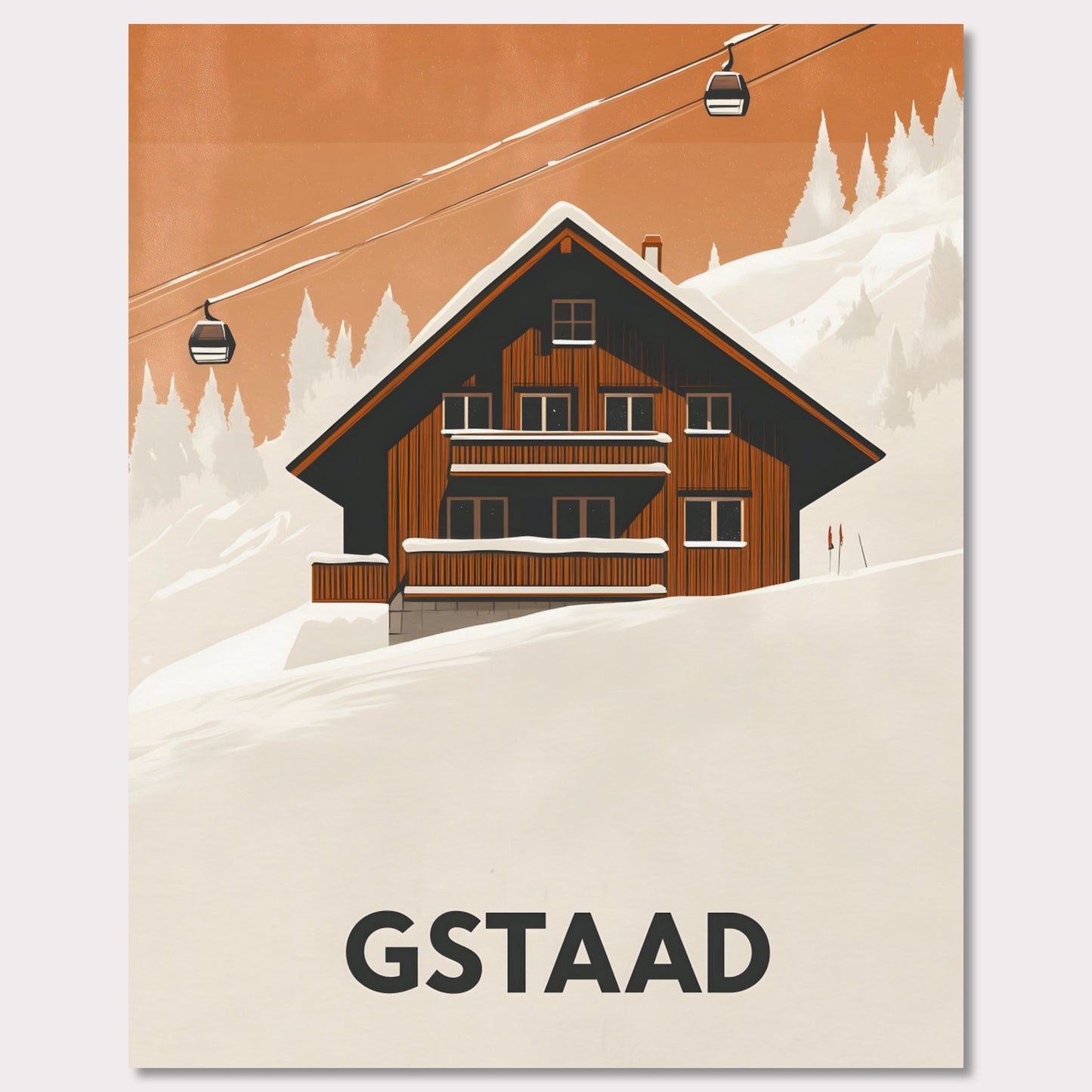 A warm, inviting scene of a traditional Swiss chalet surrounded by snowy slopes. A cable car ascends into the distance, emphasizing the region’s skiing culture and cozy mountain retreat.