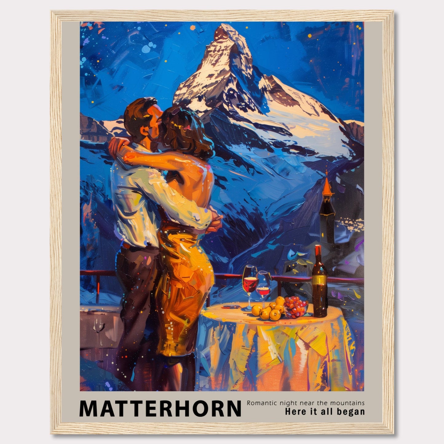 A romantic painting depicting a couple embracing near the Matterhorn mountain.