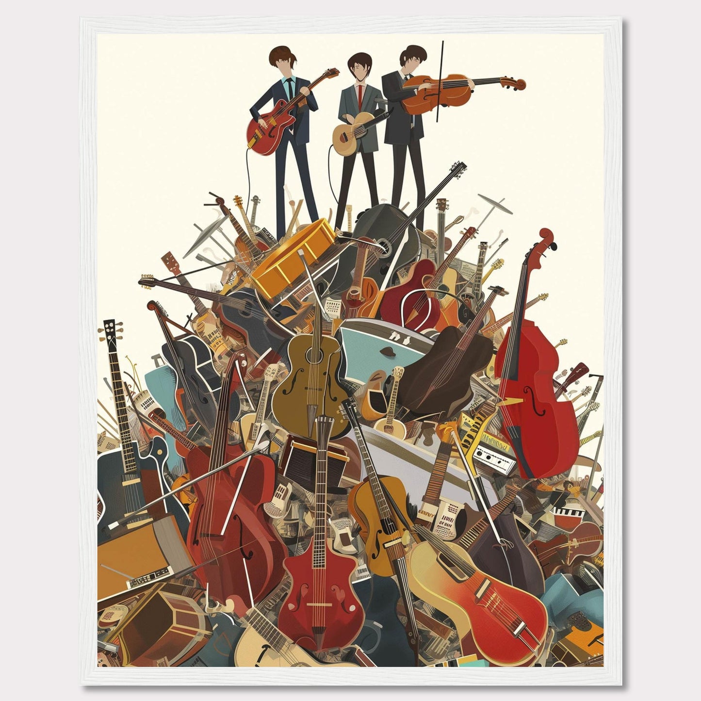 This vibrant illustration captures three musicians standing atop a towering pile of various musical instruments. The scene is filled with guitars, violins, cellos, drums, and more, creating a lively and energetic atmosphere.