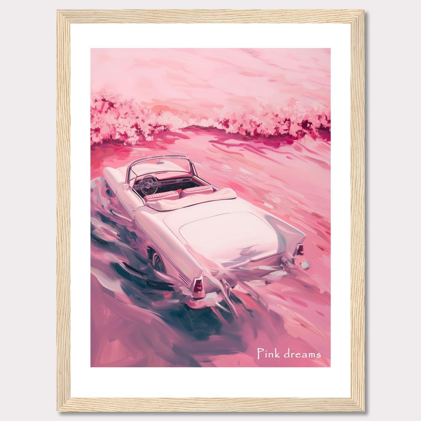 This artwork features a dreamy scene with a vintage convertible car driving through a pink-hued landscape. The soft, pastel colors create a serene and nostalgic atmosphere.