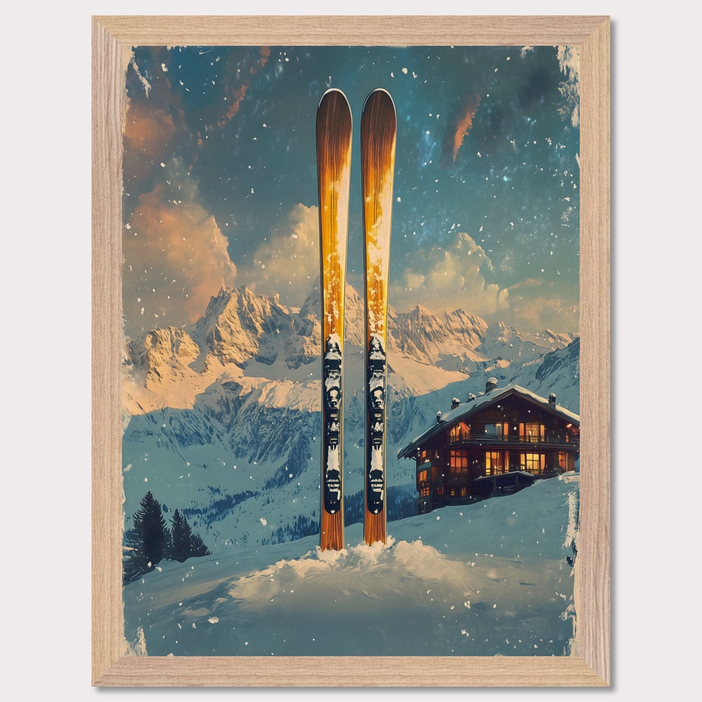 This enchanting poster portrays a serene winter scene with a skier gracefully gliding through untouched snow. The tranquil beauty of the snowy landscape, combined with the soft hues of a setting sun, creates an atmosphere of peace and connection with nature. The minimalistic style emphasizes simplicity and elegance.