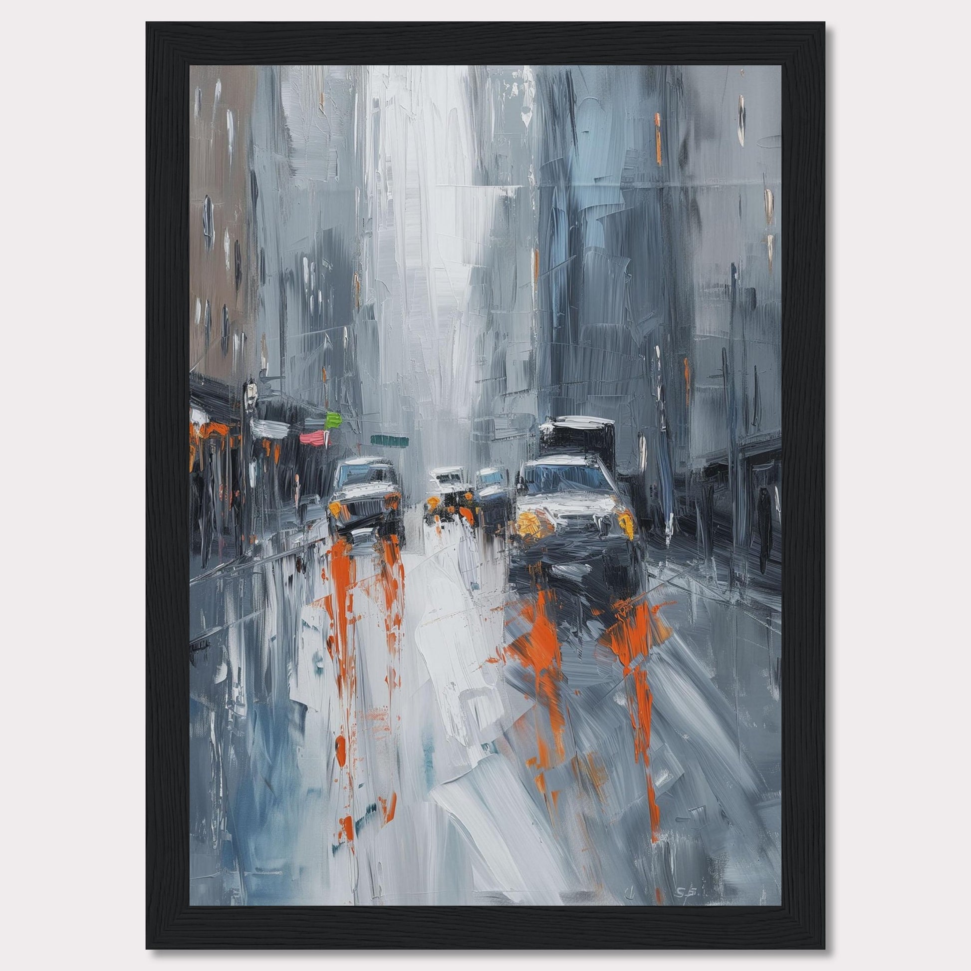 This captivating painting portrays a rainy city street with cars and buildings enveloped in a misty atmosphere. The artist uses bold brushstrokes and a muted color palette with pops of orange to depict the bustling urban scene.