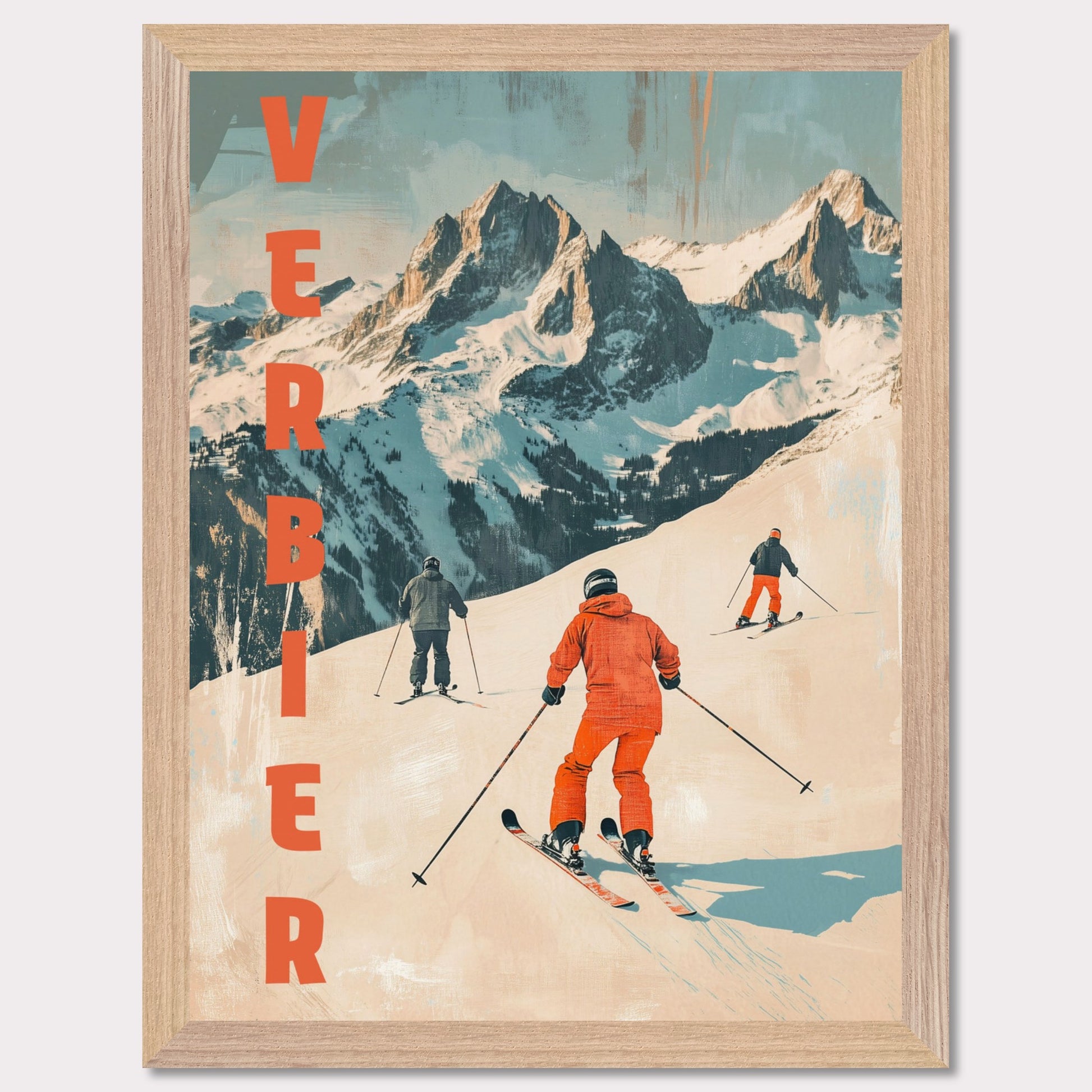 This retro-inspired poster vividly captures the exhilarating spirit of skiing in Verbier. A group of skiers clad in bold orange descends a pristine alpine slope, set against the majestic backdrop of rugged, snow-covered peaks. The textured vintage art style and muted color palette evoke nostalgia while celebrating the dynamic energy of winter sports.