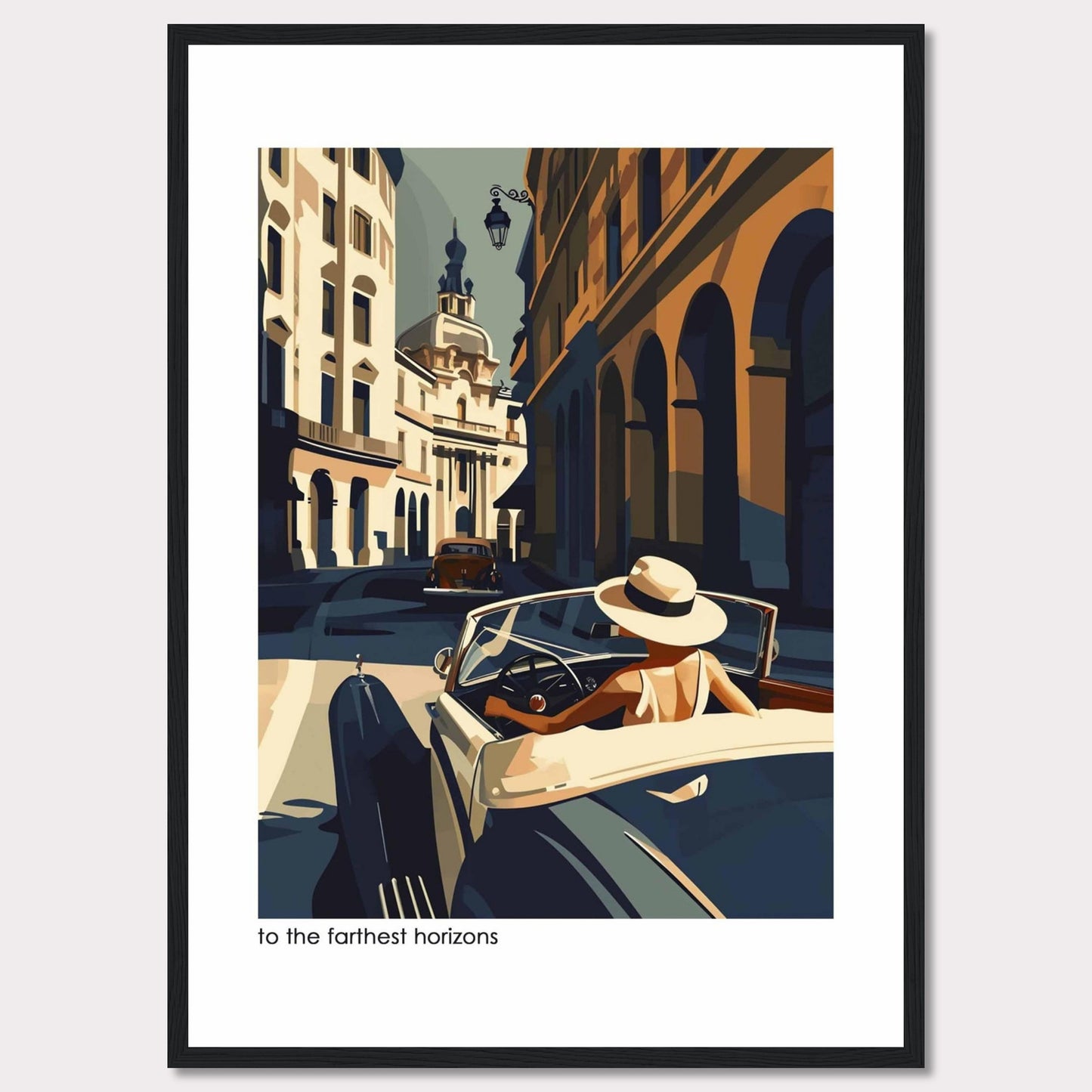 This captivating artwork depicts a stylish individual driving a vintage car through a charming, sunlit European street. The scene is filled with architectural beauty, showcasing classic buildings and a serene atmosphere.