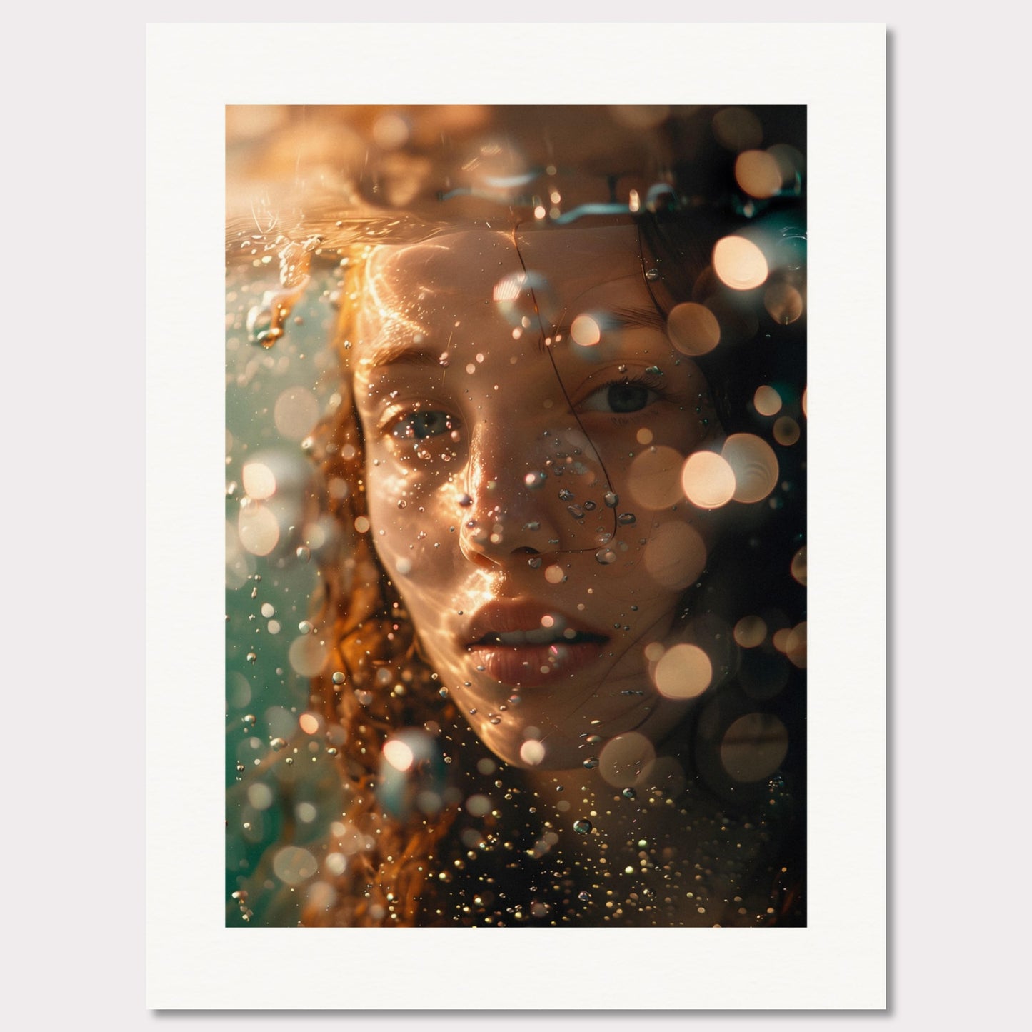 A close-up, artistic photograph of a person's face submerged in water, with light reflections and bokeh effects creating an ethereal atmosphere.

This poster would fit well in modern living rooms, art studios, bedrooms, or any space that appreciates contemporary and artistic photography.