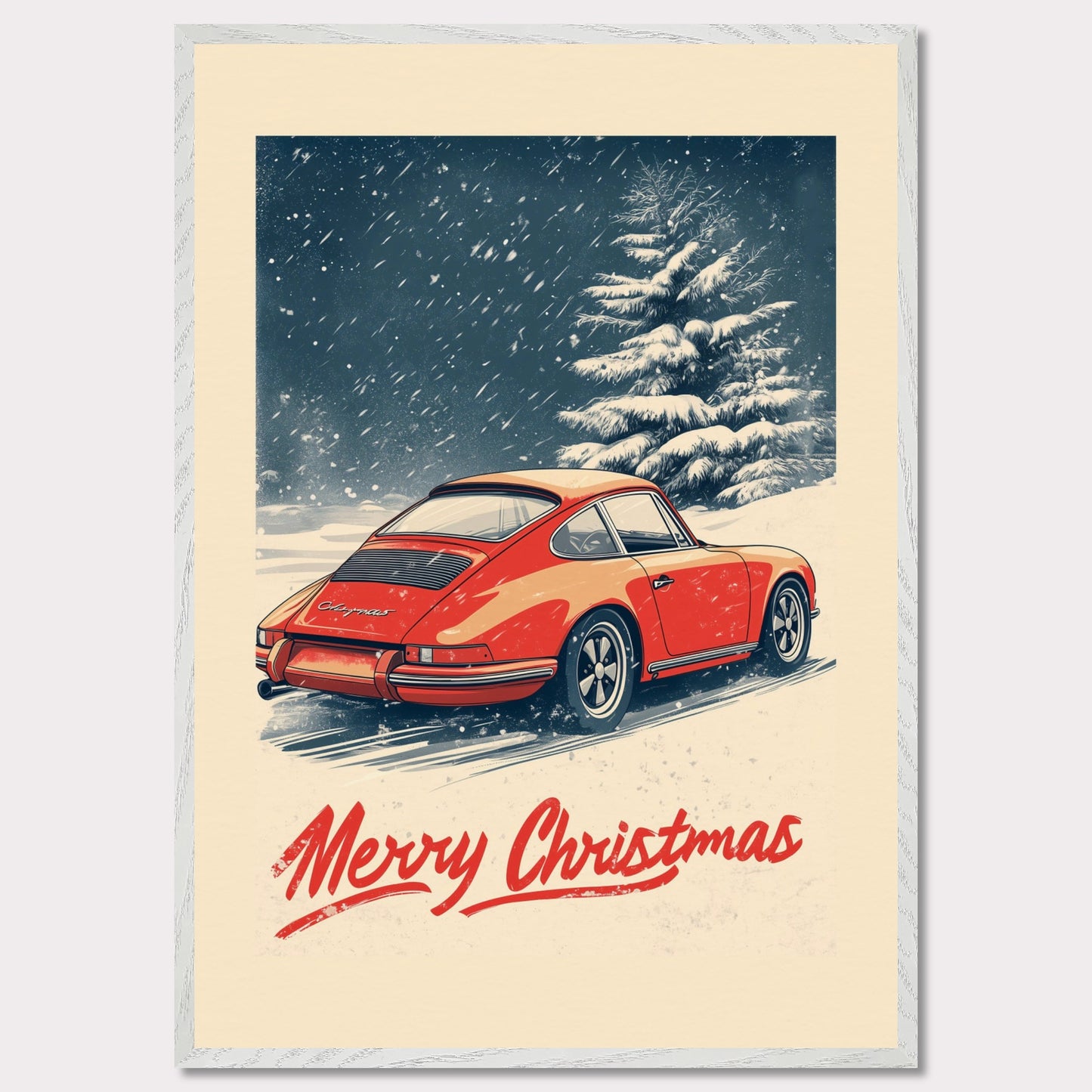 This nostalgic holiday poster features a striking red Porsche driving through a snow-covered landscape, with festive snowflakes gently falling around the scene. A snowy tree and soft winter hues create a cozy and festive atmosphere. The bold "Merry Christmas" typography adds an extra touch of holiday cheer, making it a perfect way to celebrate the season with a classic car enthusiast's touch.