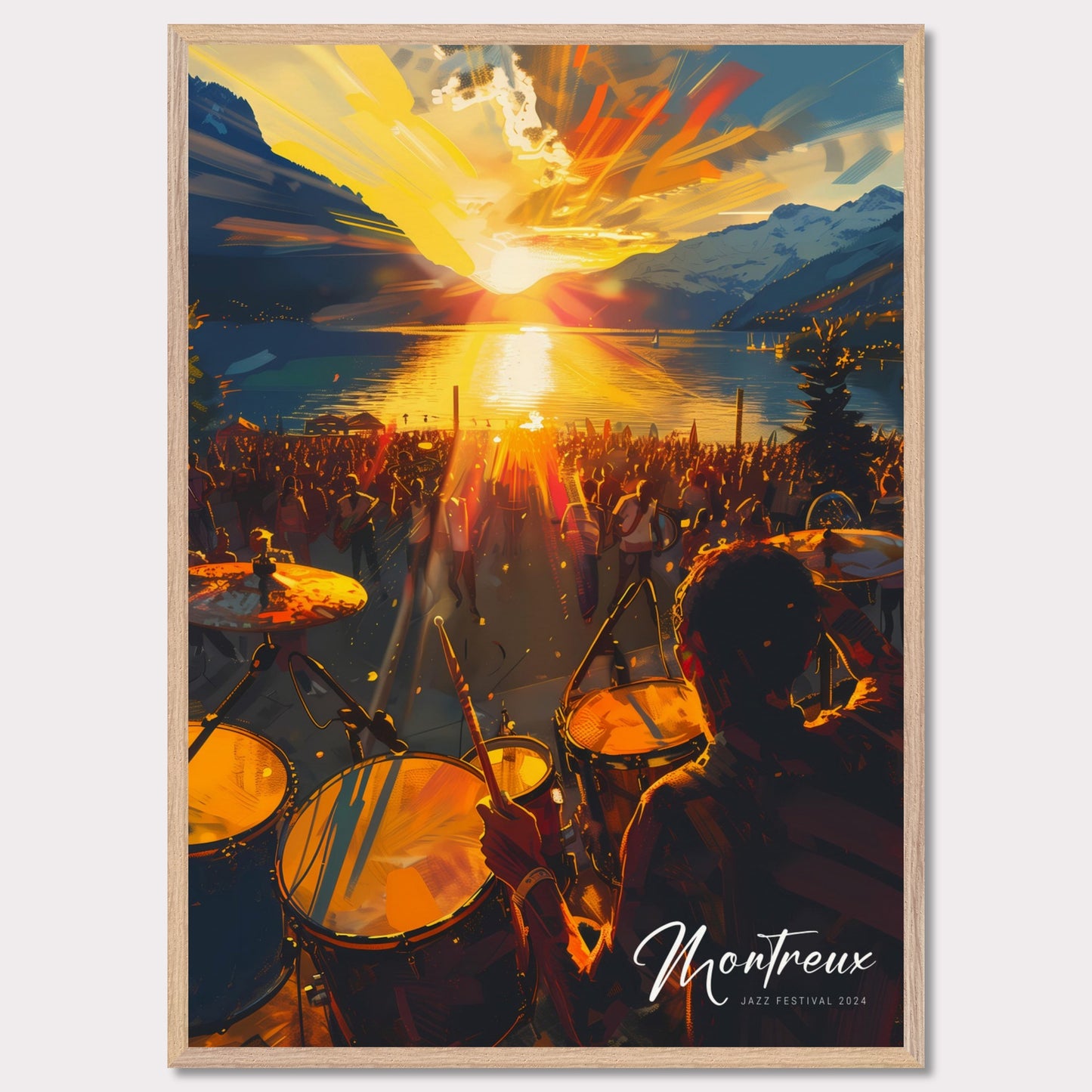 This vibrant image captures the essence of the Montreux Jazz Festival 2024. The scene is set at sunset, with a stunning view of the sun dipping below the horizon over a serene lake, surrounded by majestic mountains. A large crowd is gathered, immersed in the music, while a drummer plays energetically in the foreground.