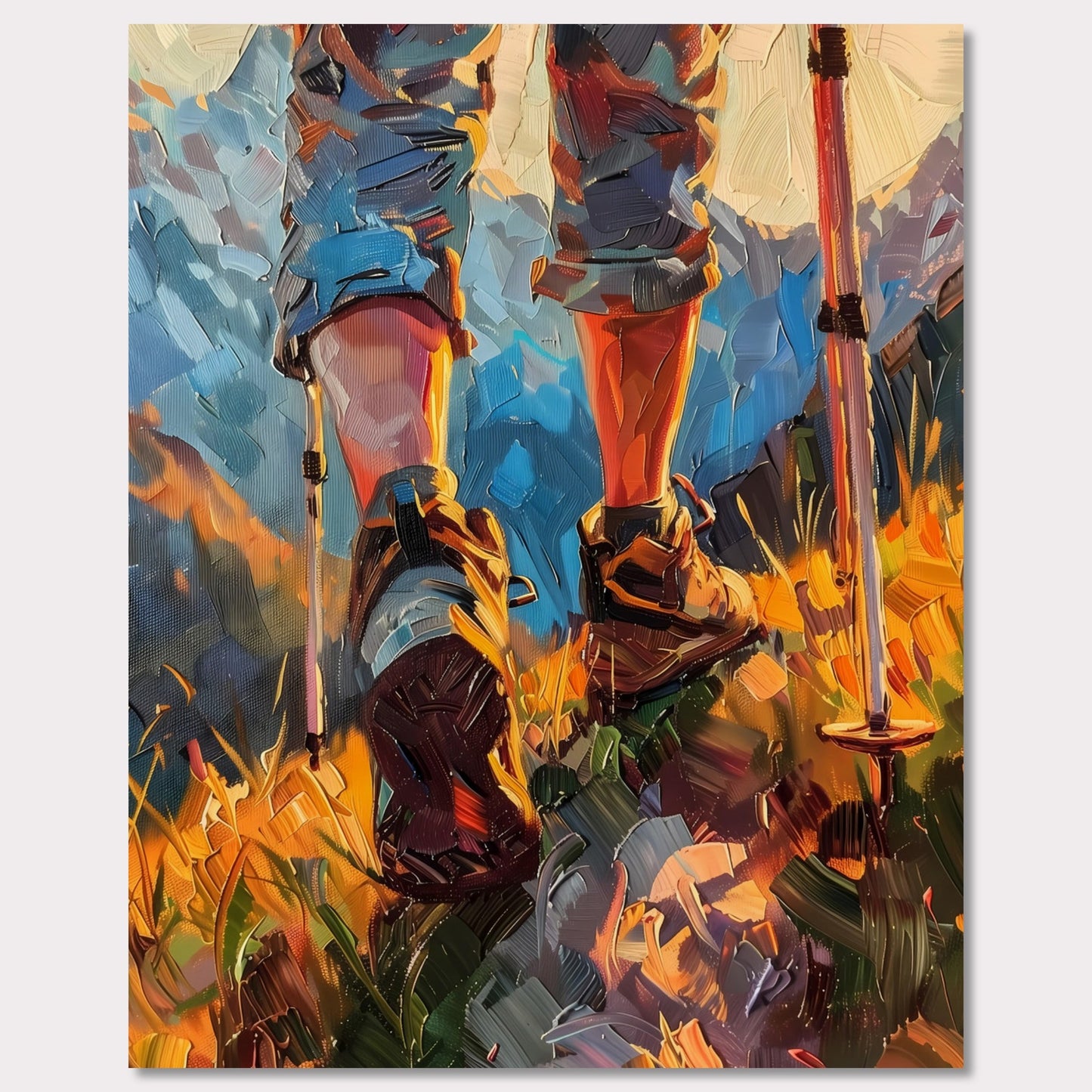 This illustration depicts a hiker's legs and feet as they traverse a vibrant, mountainous landscape. The scene is painted with bold, expressive brushstrokes, emphasizing the dynamic movement and rugged terrain.