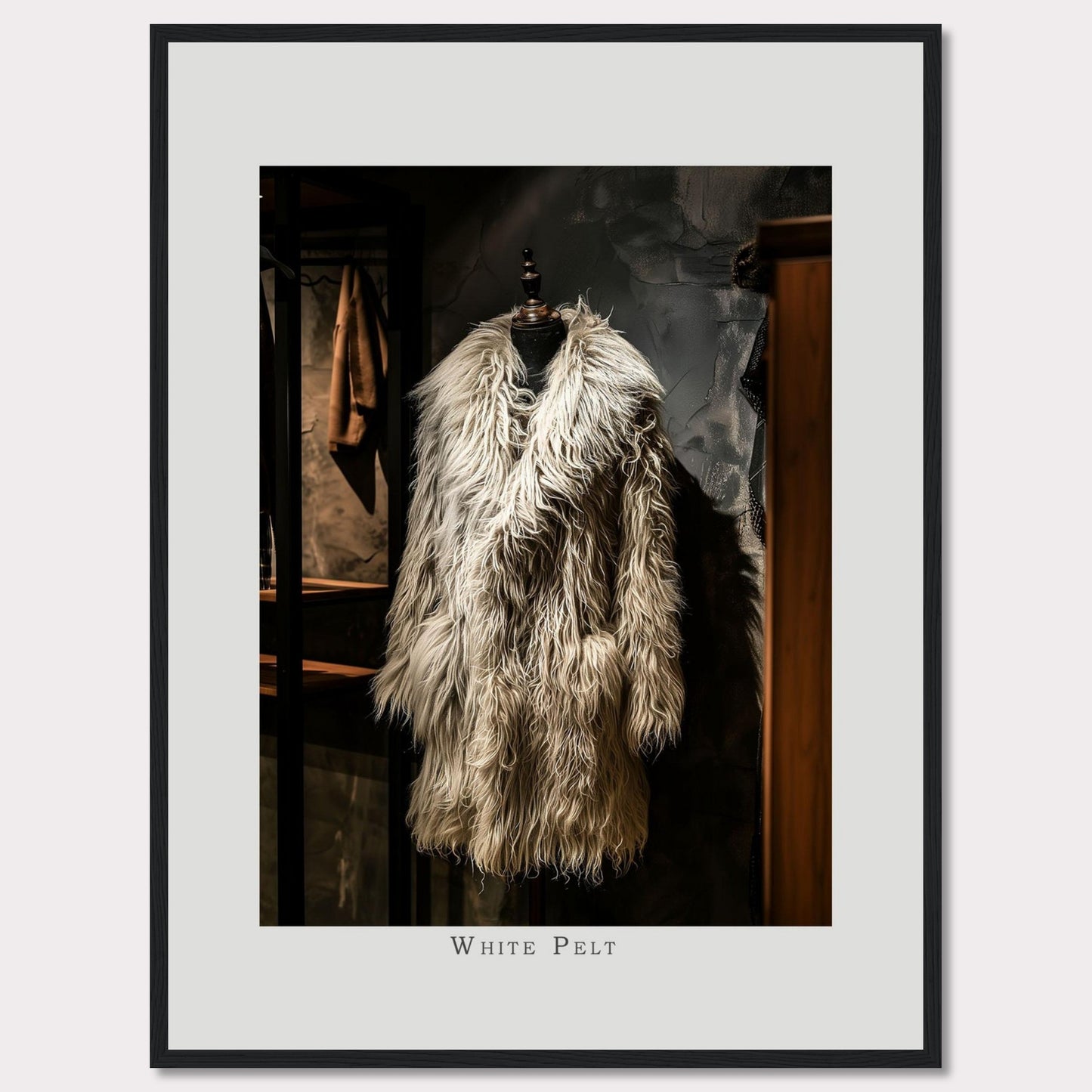 This captivating image showcases a luxurious, white pelt coat displayed on a mannequin in an elegant setting.