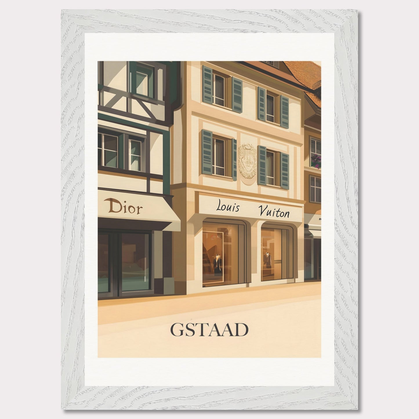 A beautifully illustrated poster showcasing Gstaad’s world-class shopping scene. The charming facades of Dior and Louis Vuitton boutiques reflect the town’s upscale ambiance.