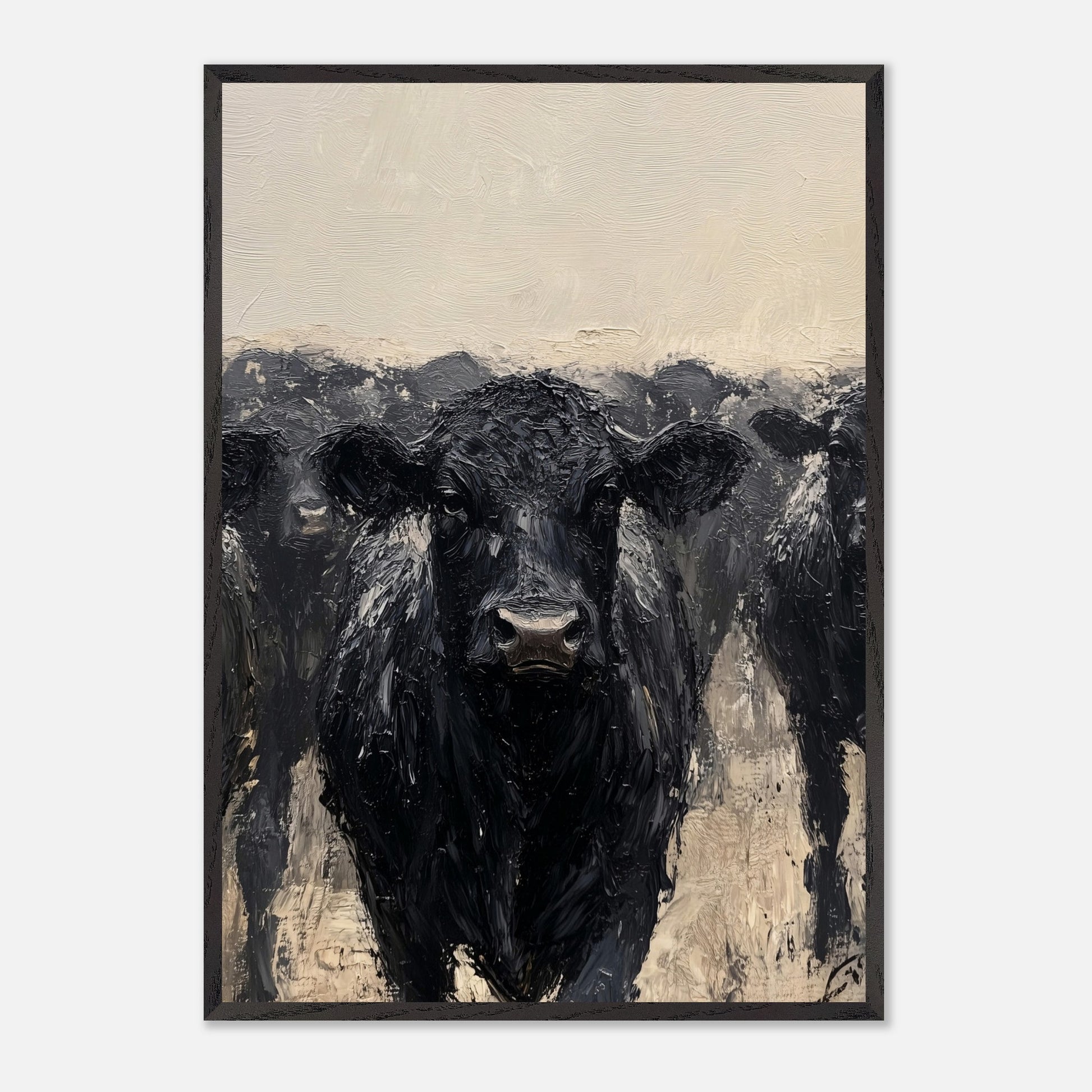 This striking painting captures the intense gaze of a black cow, surrounded by its herd. The textured brushstrokes and muted color palette create a powerful and captivating image.