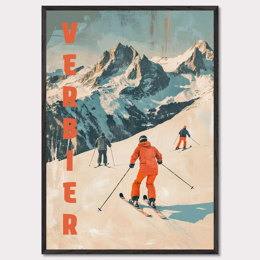 This retro-inspired poster vividly captures the exhilarating spirit of skiing in Verbier. A group of skiers clad in bold orange descends a pristine alpine slope, set against the majestic backdrop of rugged, snow-covered peaks. The textured vintage art style and muted color palette evoke nostalgia while celebrating the dynamic energy of winter sports.