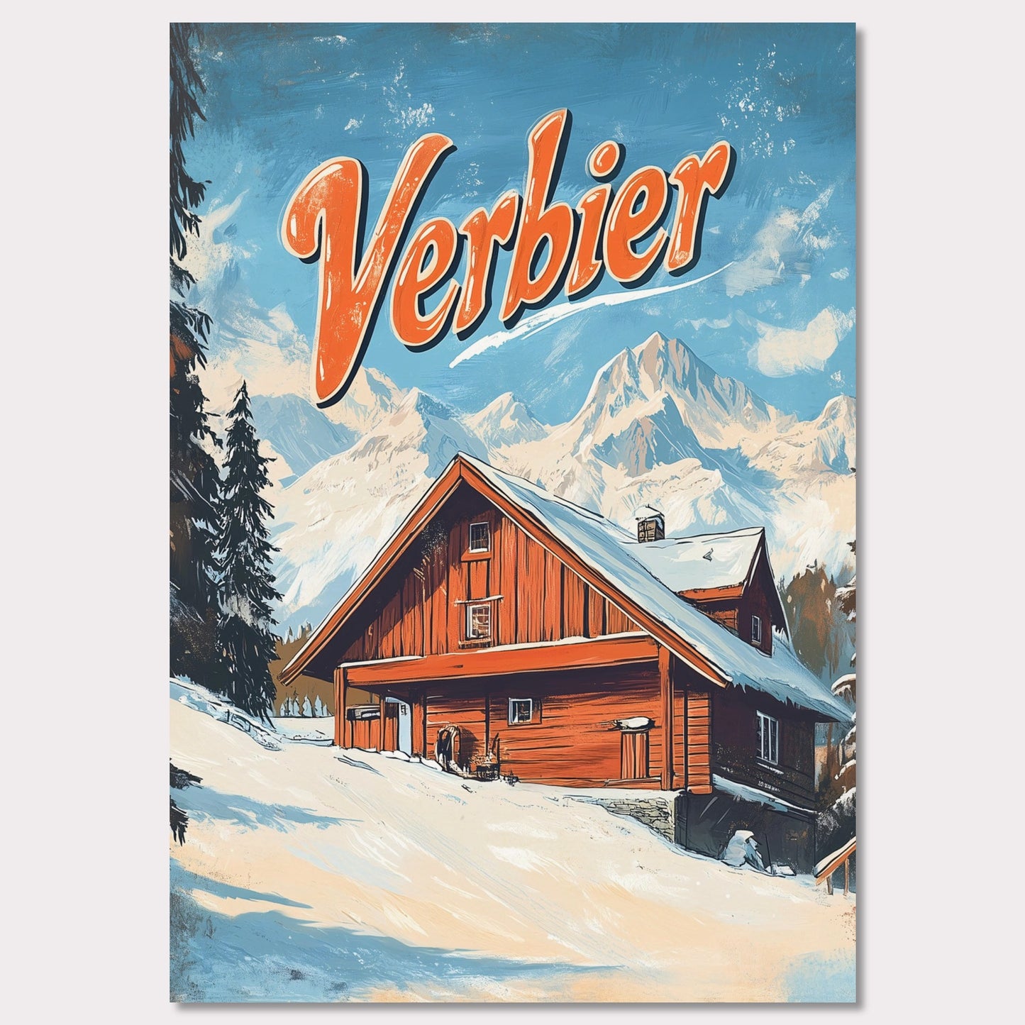 This vintage-inspired poster features a charming wooden chalet nestled against the stunning mountains of Verbier. The warm tones of the cabin contrast beautifully with the snowy landscape and towering peaks, creating a welcoming, serene winter scene. The retro design with bold typography invites viewers to imagine a peaceful retreat in the heart of the Swiss Alps, where adventure and comfort come together.