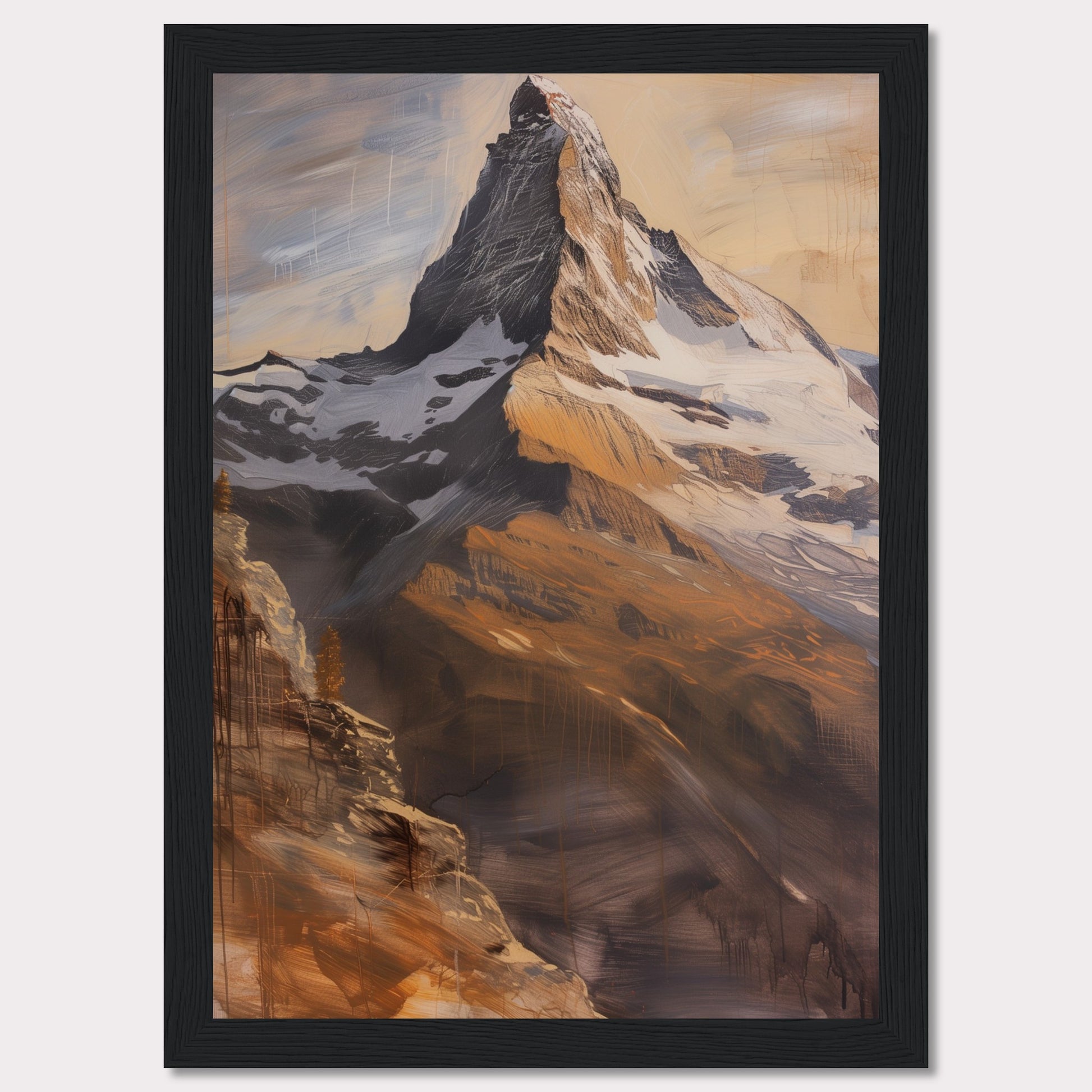 This stunning artwork captures the majestic beauty of a towering mountain peak bathed in warm, golden light. The painting showcases the rugged textures and dramatic contrasts of the rocky terrain, with snow-capped sections adding to its grandeur.