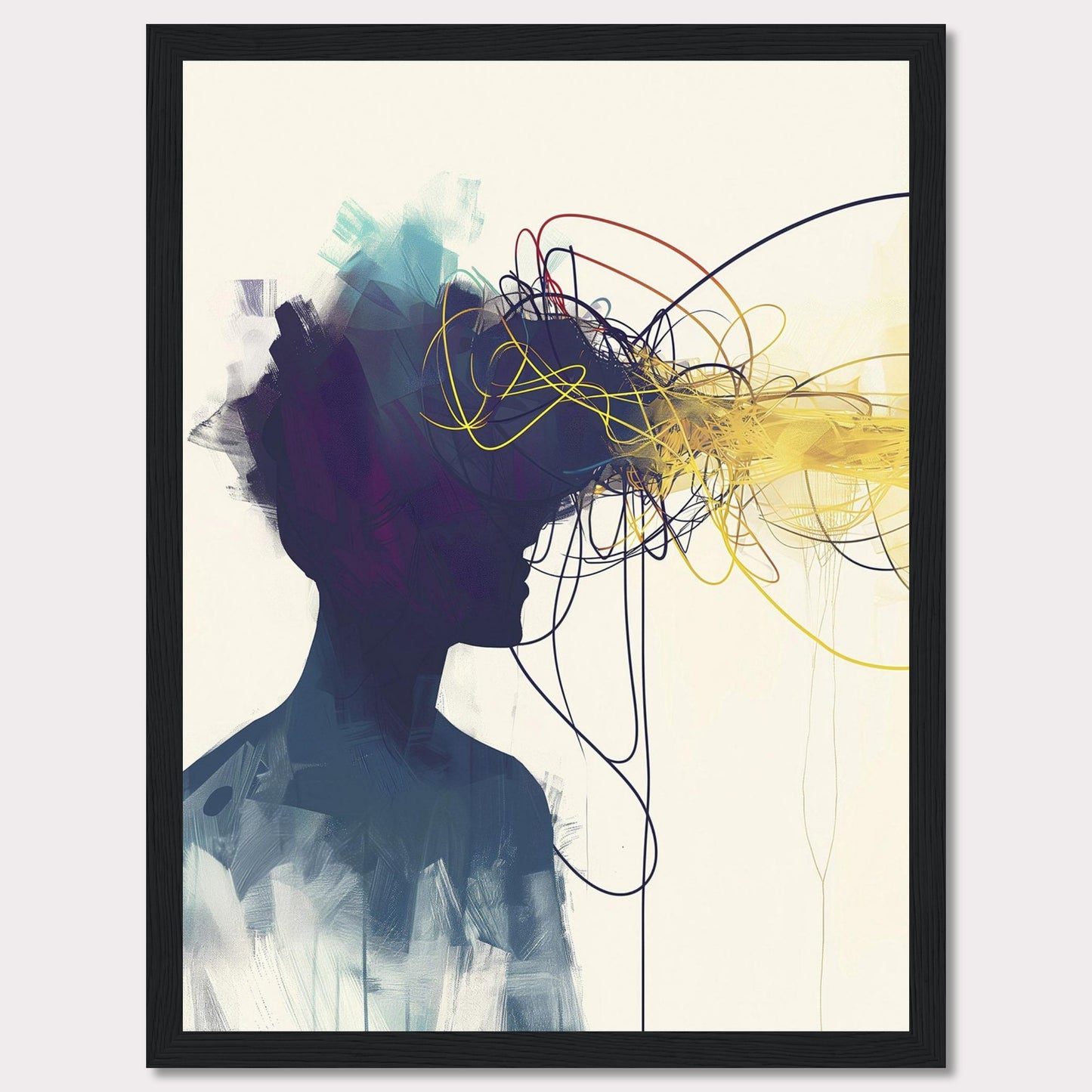 This captivating artwork features the silhouette of a person with an explosion of colorful, tangled lines emanating from their head, representing thoughts and creativity. The abstract design is set against a minimalist background, contrasting the vibrant colors with the dark silhouette.