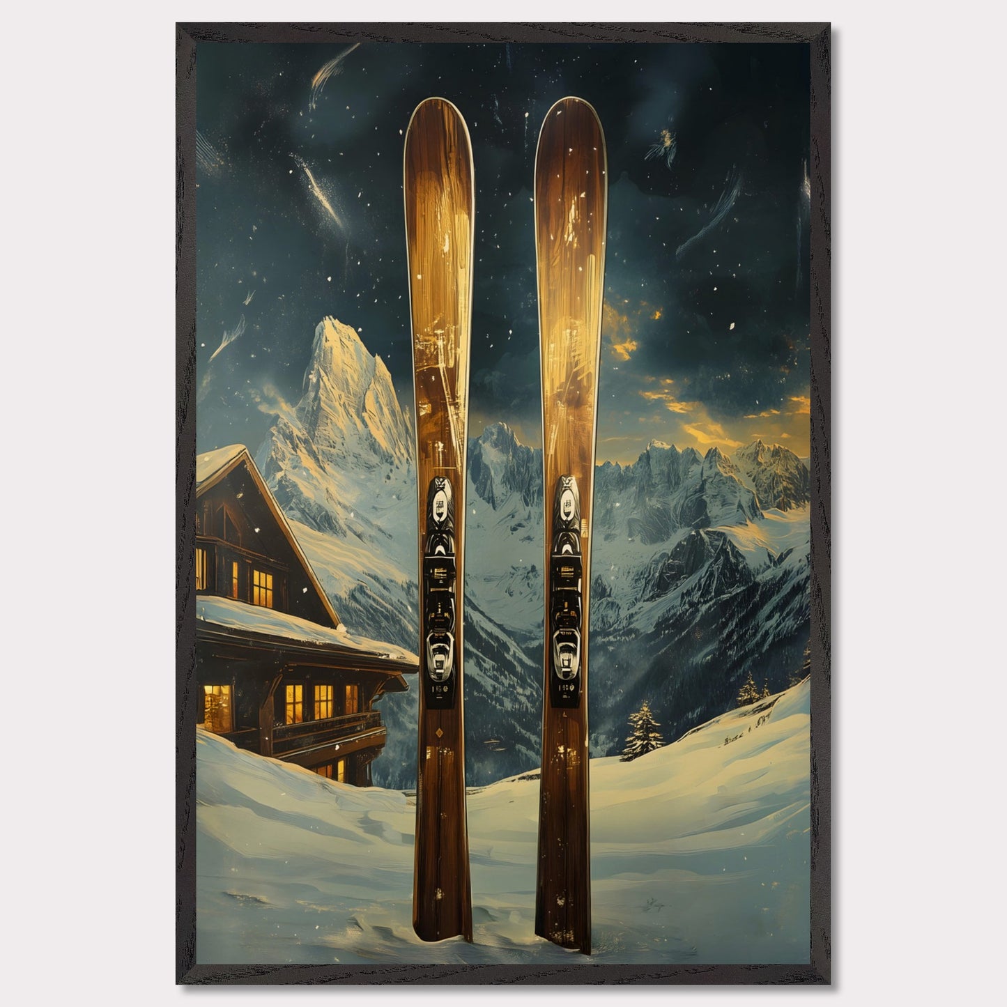 This dynamic poster showcases the exhilaration of a high-speed skiing adventure. Featuring a skier soaring off a powdery jump with a stunning panoramic view of rugged mountain ranges, it encapsulates the spirit of daring exploration and freedom. The vibrant energy of the scene is infectious.