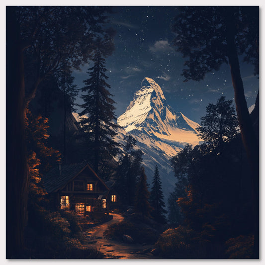 This breathtaking poster showcases the iconic Matterhorn mountain towering over a tranquil village at night, with the snow gently illuminated by the moon. The retro-inspired design and warm lighting from the chalets create a peaceful and majestic atmosphere, emphasizing the serene beauty of the Swiss Alps. This timeless poster captures the allure of winter in the Alps, making it a perfect reminder of the awe-inspiring landscapes and alpine tranquility.