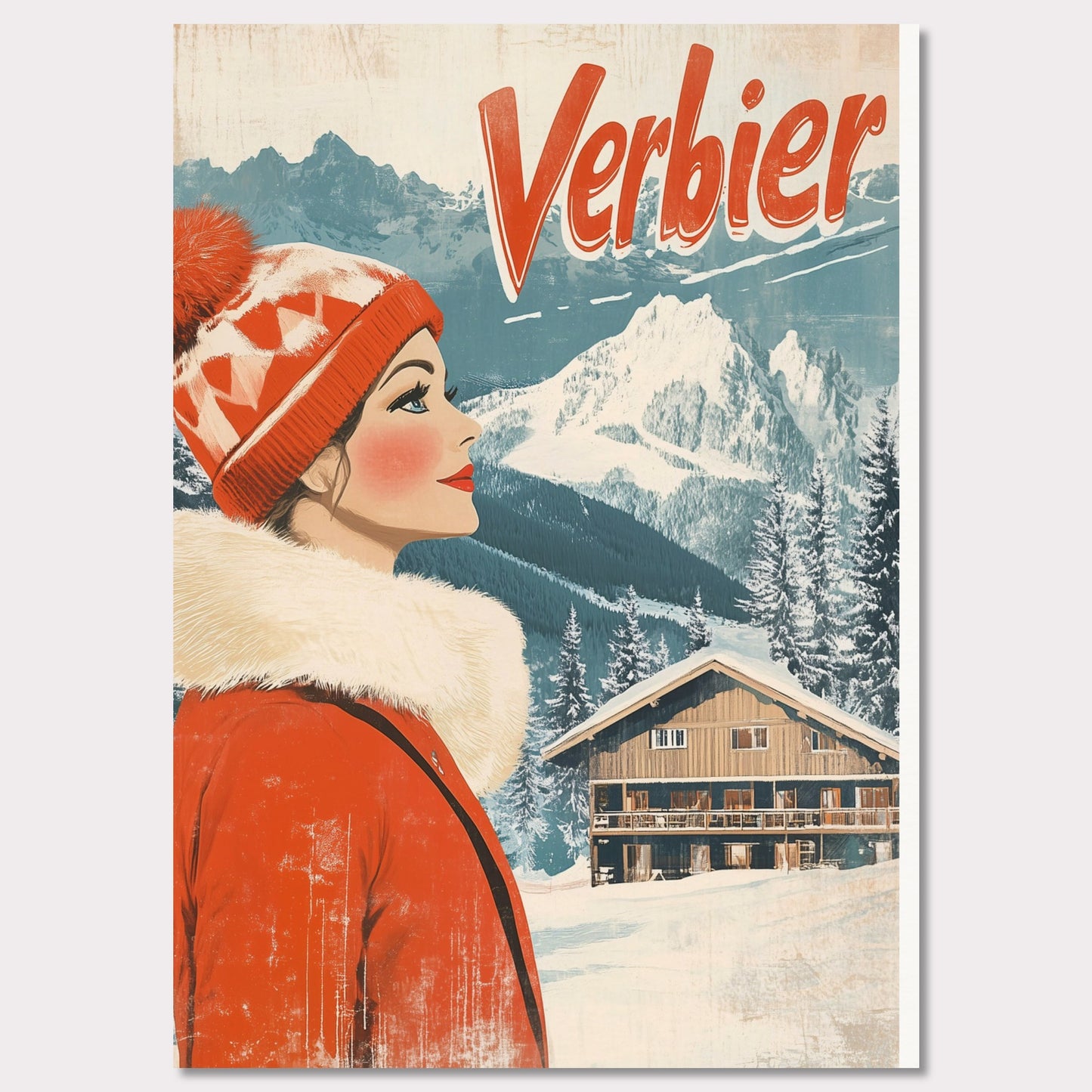 This elegant retro-style poster features a woman in a stylish red winter coat and pom-pom hat, looking towards the majestic Verbier mountains. The soft pastel tones and crisp white snow provide a serene backdrop, while the vintage design and typography evoke a sense of sophistication and timeless charm. The poster conveys the allure of Verbier as both an adventure and a refined escape into nature’s beauty.