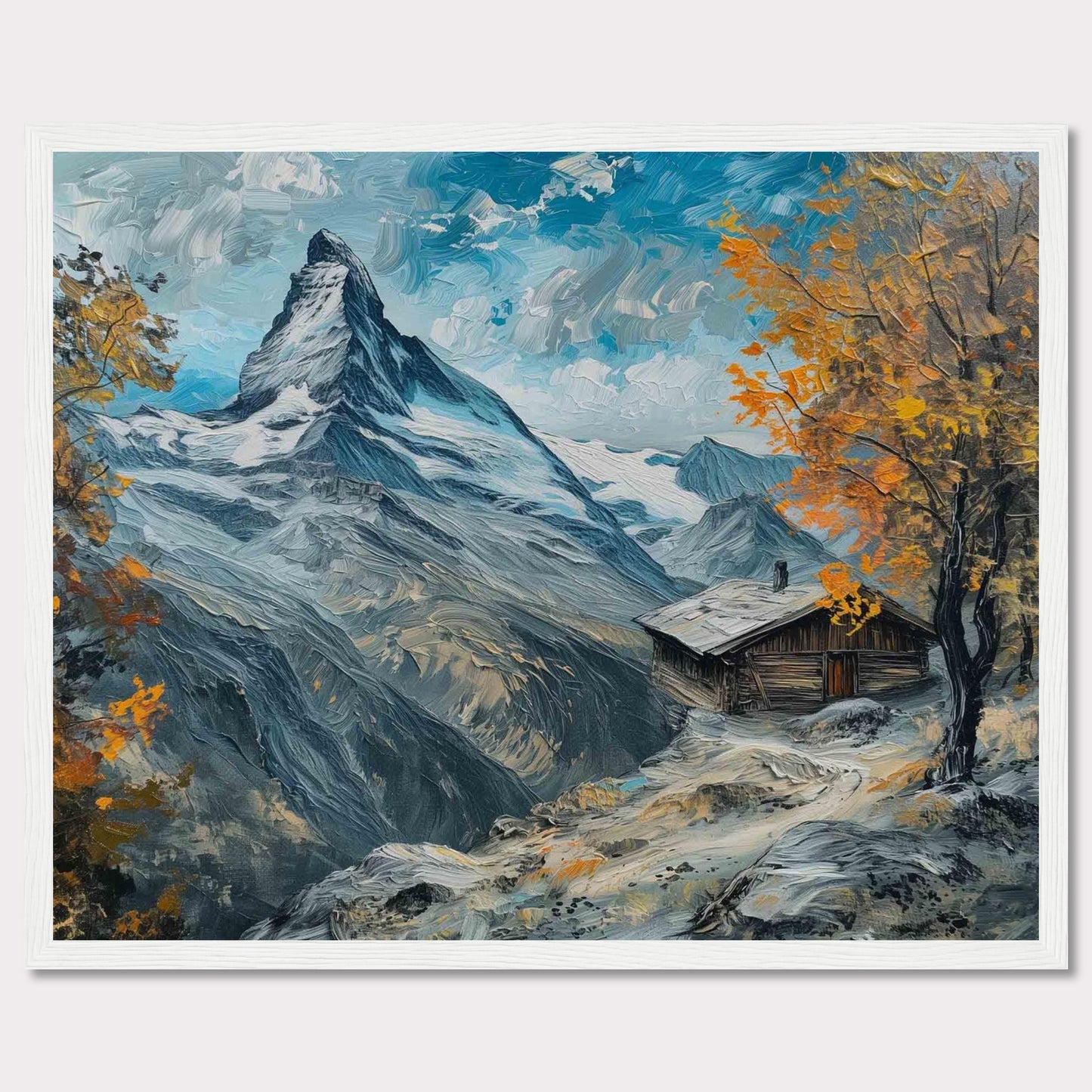 This stunning painting captures a serene mountain landscape with a quaint cabin nestled among the snow-covered peaks. The vibrant autumn foliage adds a splash of color against the majestic backdrop of towering mountains and a clear blue sky.