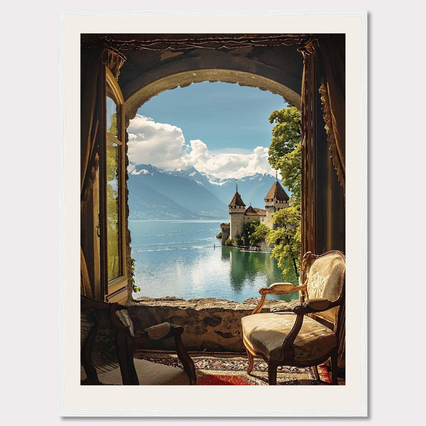 This stunning framed artwork captures a breathtaking view through an arched window, revealing a serene lake with a majestic castle and snow-capped mountains in the background. The cozy interior with antique chairs adds a touch of warmth and elegance.