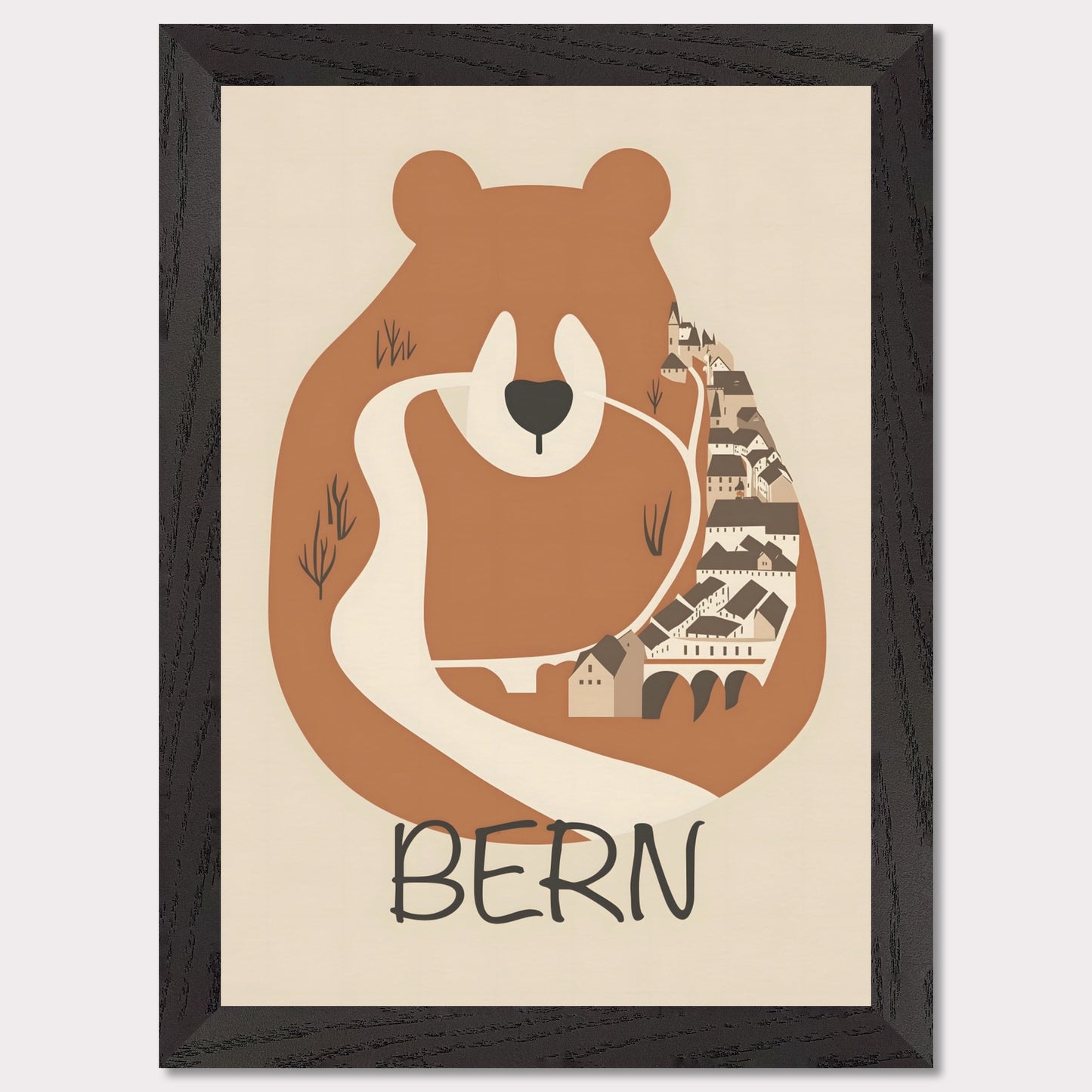 This charming poster features a stylized depiction of Bern, Switzerland, where the iconic bear—symbol of the city—seamlessly merges with the winding streets and historic architecture. The earthy tones and minimalist design evoke a sense of warmth and tradition, reflecting the city's rich history and natural surroundings.