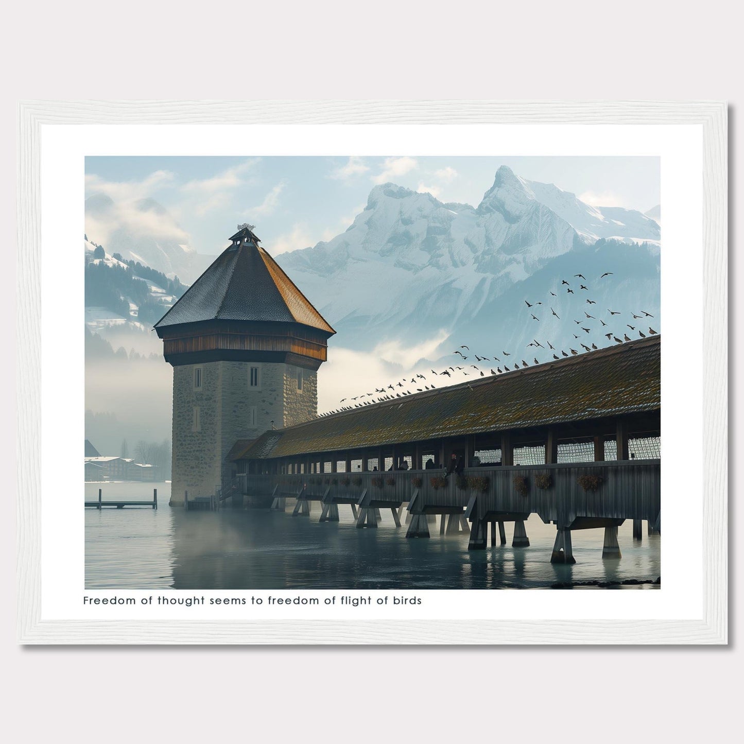 This captivating photo showcases a serene scene featuring a historic tower and a covered wooden bridge over calm waters, with majestic snow-capped mountains in the background. A flock of birds is seen soaring freely in the sky, adding a sense of movement and freedom to the tranquil setting.