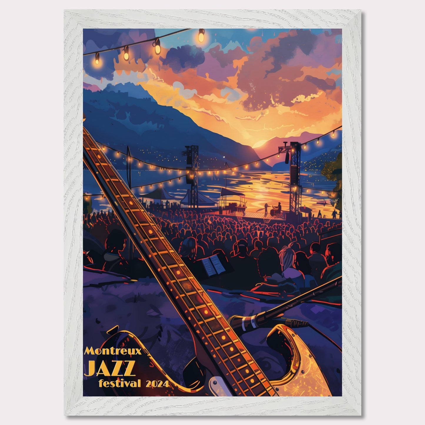 This vibrant poster captures the essence of the Montreux Jazz Festival 2024. Set against a breathtaking sunset over a serene lake, the scene is filled with an audience eagerly awaiting the performance. An electric guitar in the foreground hints at the musical magic to come, while string lights add a festive ambiance.