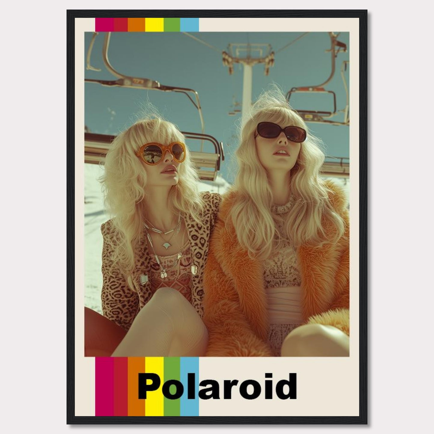 This vibrant Polaroid poster captures two stylish women wearing retro outfits and sunglasses, enjoying a sunny day on a ski lift.