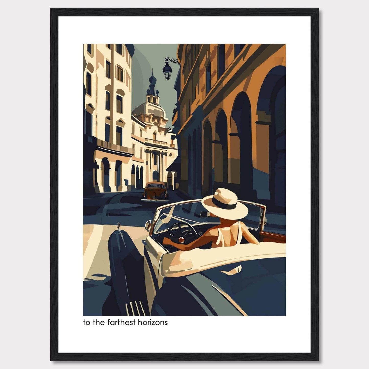 This captivating artwork depicts a stylish individual driving a vintage car through a charming, sunlit European street. The scene is filled with architectural beauty, showcasing classic buildings and a serene atmosphere.