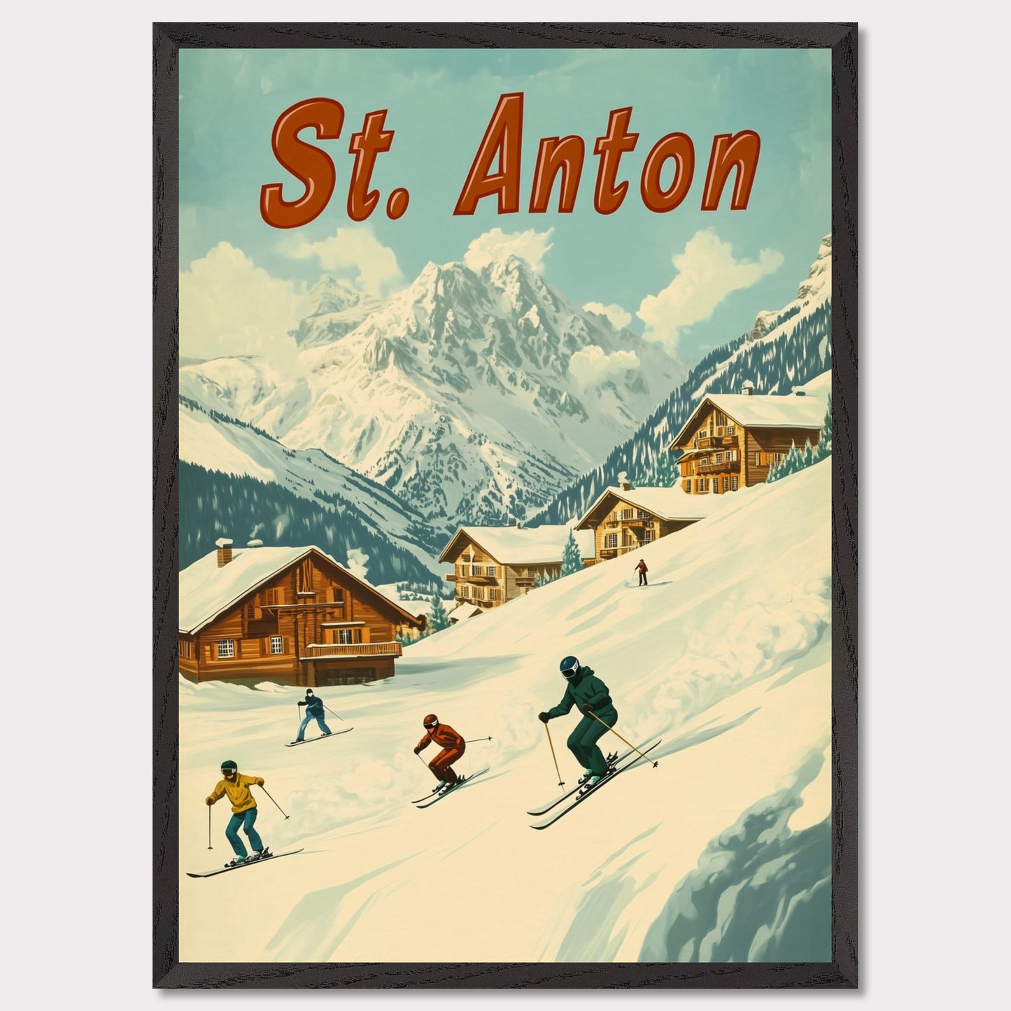 This vibrant retro-style poster captures the thrilling energy of skiing in St. Anton. The scene depicts skiers carving down the slopes, with picturesque alpine chalets nestled in the snow-covered hills and the majestic mountains towering in the background. The warm tones of the sky and the clean, crisp snow evoke the exhilarating experience of a winter sports haven. The bold retro typography adds a touch of nostalgia, perfectly highlighting the charm and adventure of St. Anton.