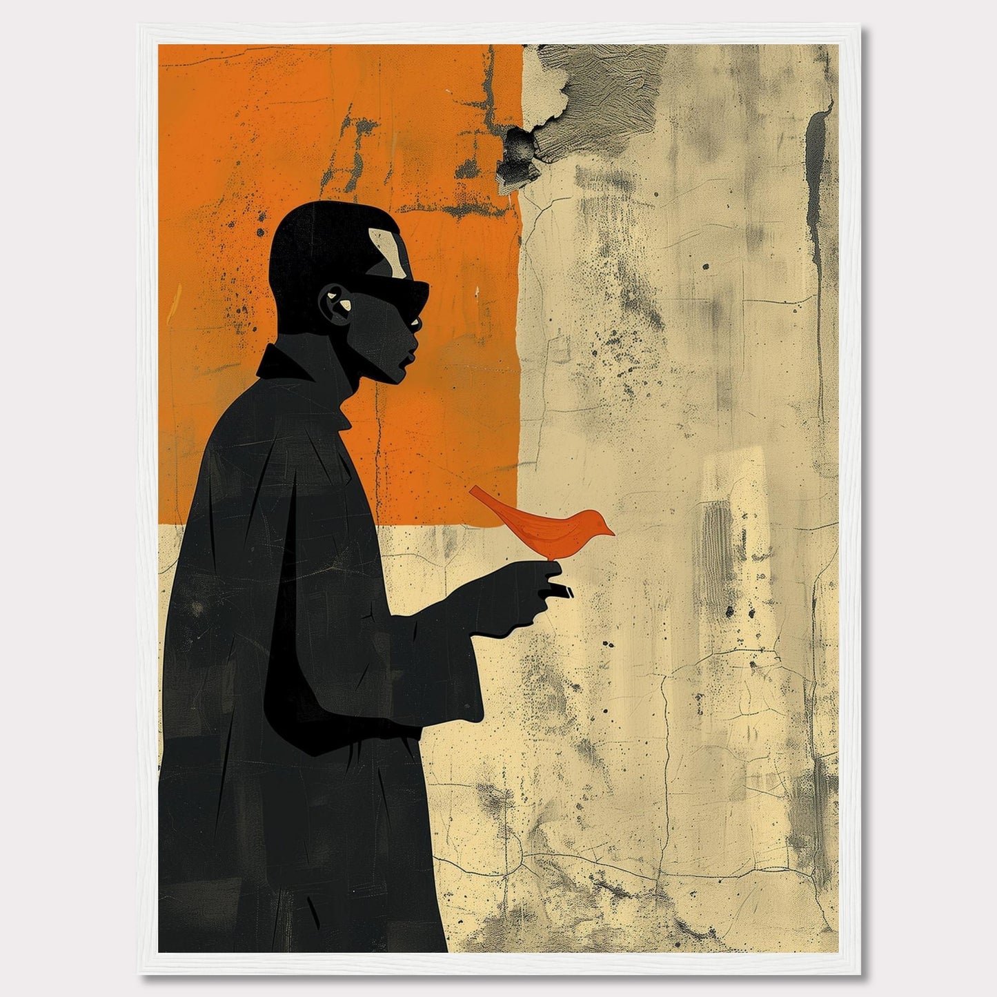 This striking artwork features a silhouette of a person holding a vibrant orange bird against a textured, abstract background. The contrast between the dark figure and the bright bird creates a powerful visual impact.