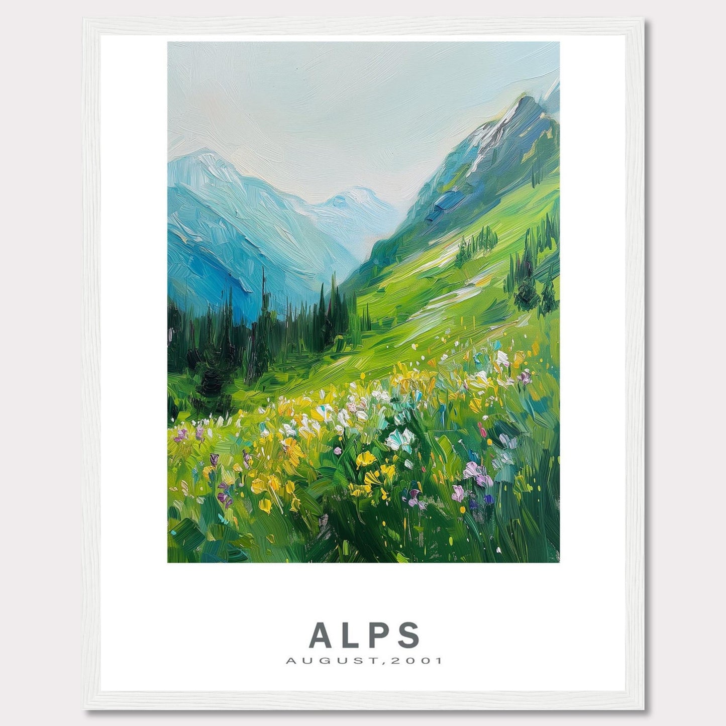 This beautiful framed artwork captures a vibrant and serene landscape of the Alps in August 2001. The painting showcases lush green mountains, colorful wildflowers, and a tranquil sky.