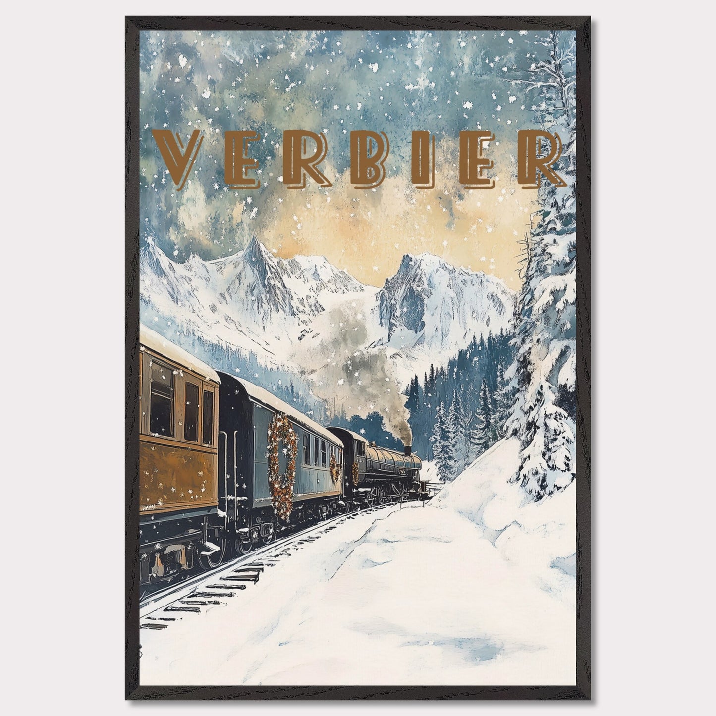 This enchanting winter poster showcases a vintage steam train winding through the snow-covered landscapes of Verbier. The train, adorned with festive wreaths, travels against a backdrop of majestic alpine peaks, tall evergreen trees, and a serene winter sky with softly falling snowflakes. The golden light filtering through the clouds adds a warm, nostalgic glow to the scene, evoking the magic of winter travel.