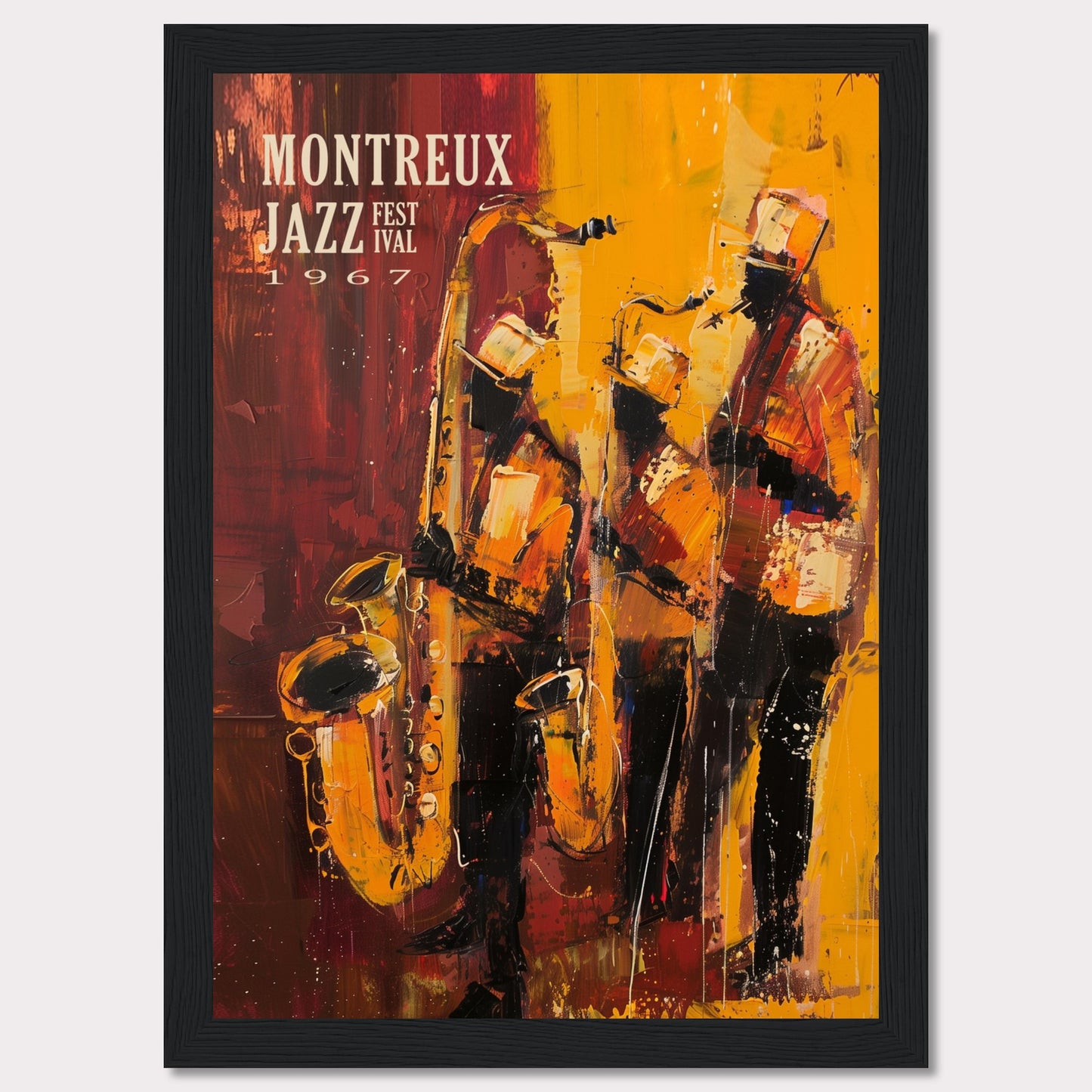 This vibrant art poster showcases the Montreux Jazz Festival from 1967. The artwork features an abstract depiction of three jazz musicians passionately playing their instruments, with rich hues of red, yellow, and orange capturing the dynamic energy of the performance.