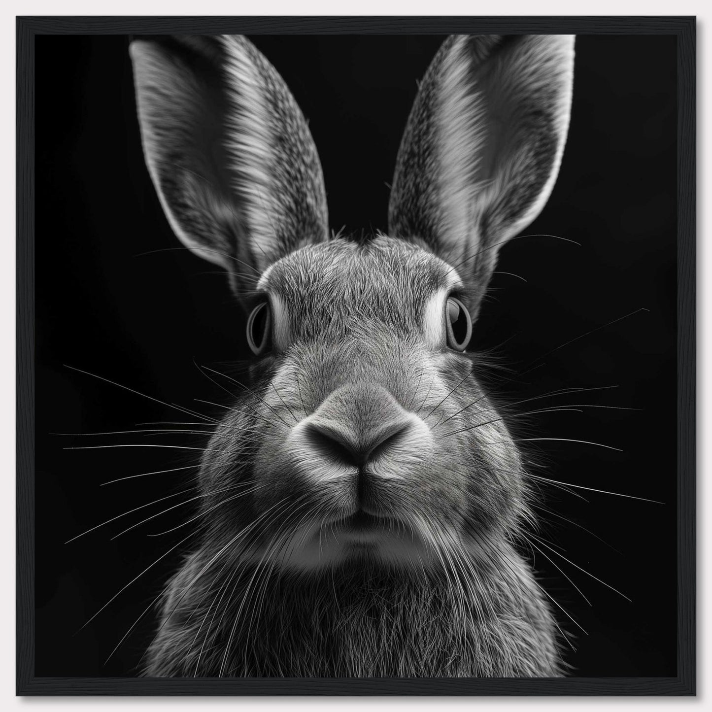 This striking black and white photograph captures a close-up of a rabbit, highlighting its expressive eyes, soft fur, and long whiskers. The image's focus on the rabbit's face creates an intimate and captivating portrait.