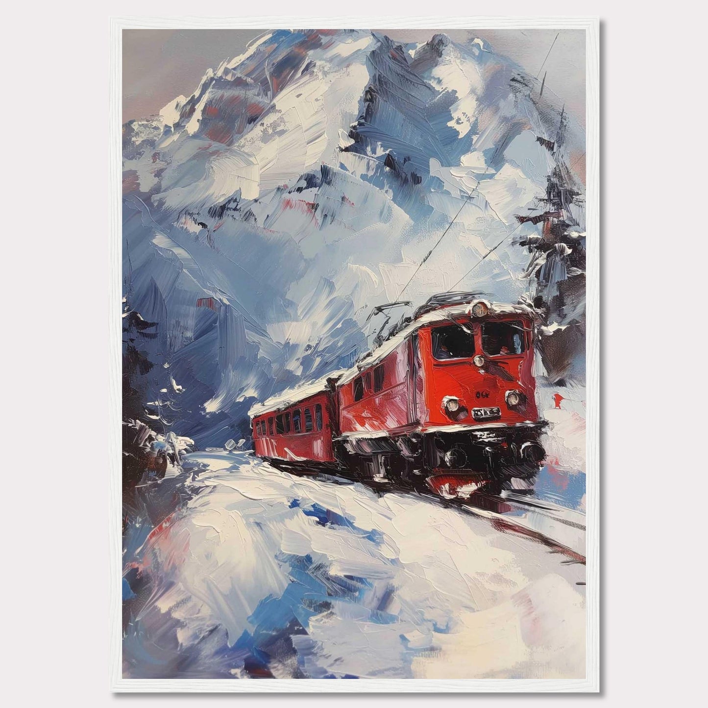 This stunning painting captures a vibrant red train journeying through a snowy mountain landscape. The dynamic brushstrokes convey the movement and energy of the scene, while the towering snow-covered peaks create a breathtaking backdrop.