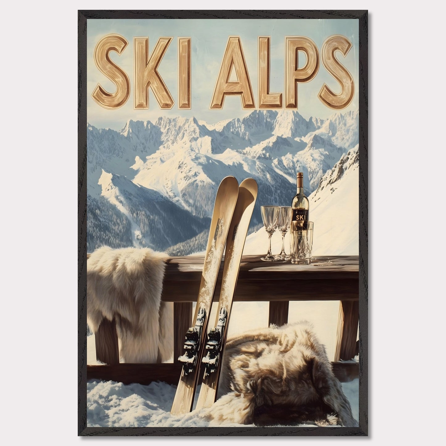 This captivating poster invites you to a serene alpine retreat, where snowy peaks stretch into the horizon. A pair of classic wooden skis leans against a rustic balcony railing, adorned with soft fur for added warmth. A bottle of fine wine and elegant glasses sit atop the table, perfectly complementing the breathtaking mountain backdrop.