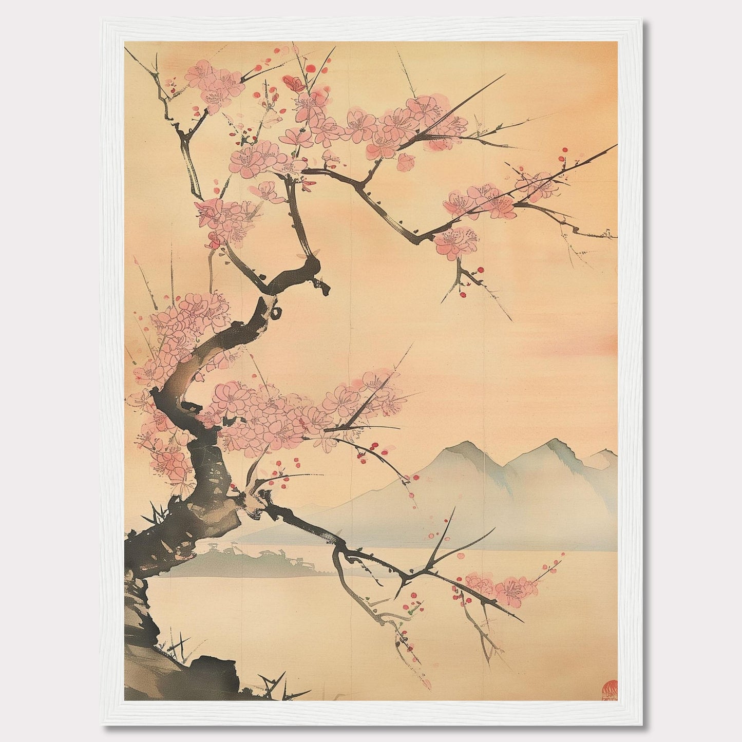 This beautiful artwork features a delicate cherry blossom tree in full bloom against a serene backdrop of distant mountains. The soft pastel hues create a tranquil and calming atmosphere, perfect for any living space.